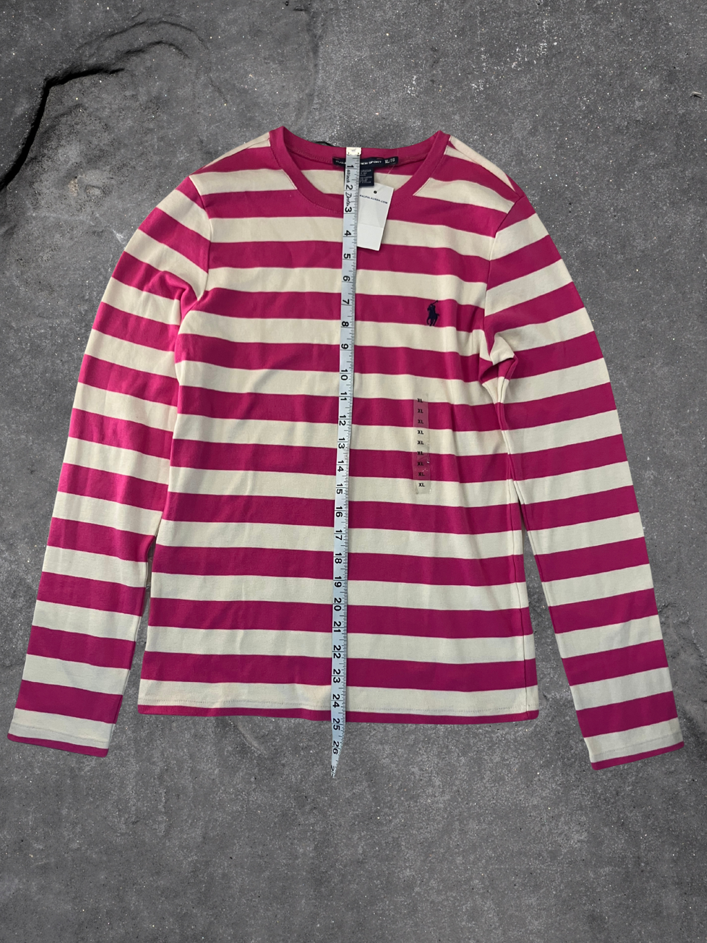 Ralph Lauren — Crew Neck T-Shirt | Pink and cream stripes, embroidered pony · Sz XL