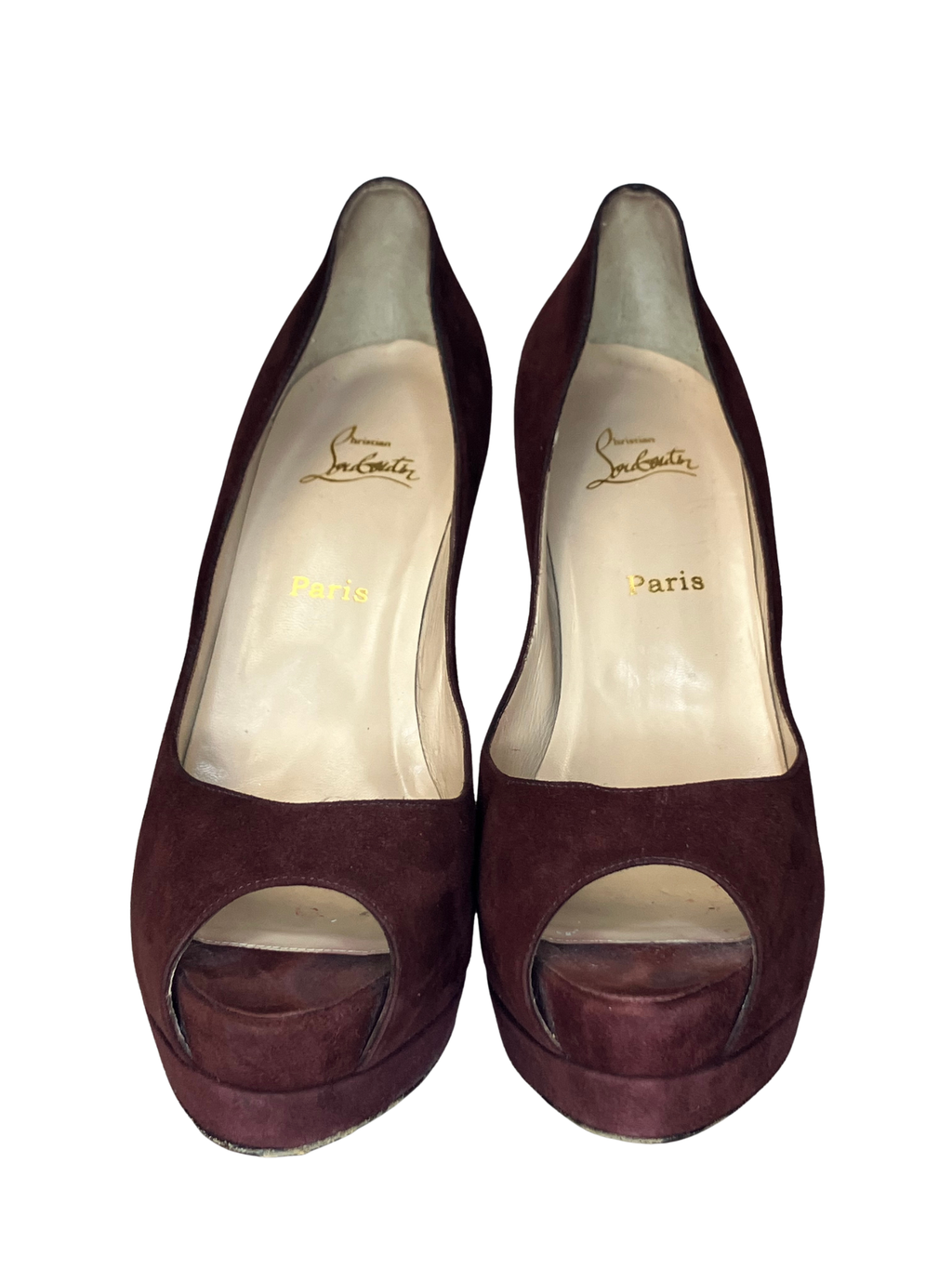Christian Louboutin — Heels | Bordeaux suede peep-toe, Italian-made · Sz 10