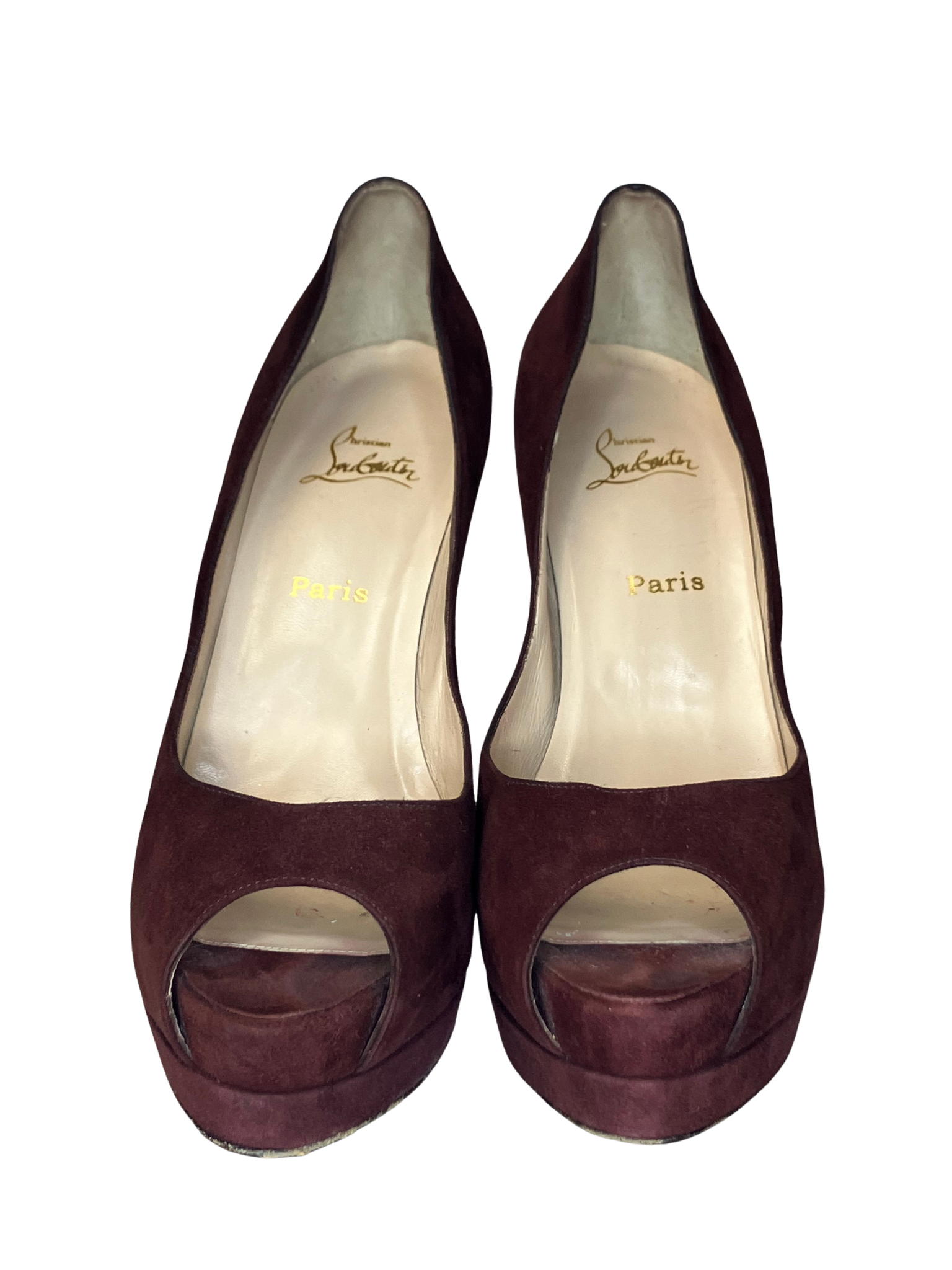 Christian Louboutin — Heels | Bordeaux suede peep-toe, Italian-made · Sz 10