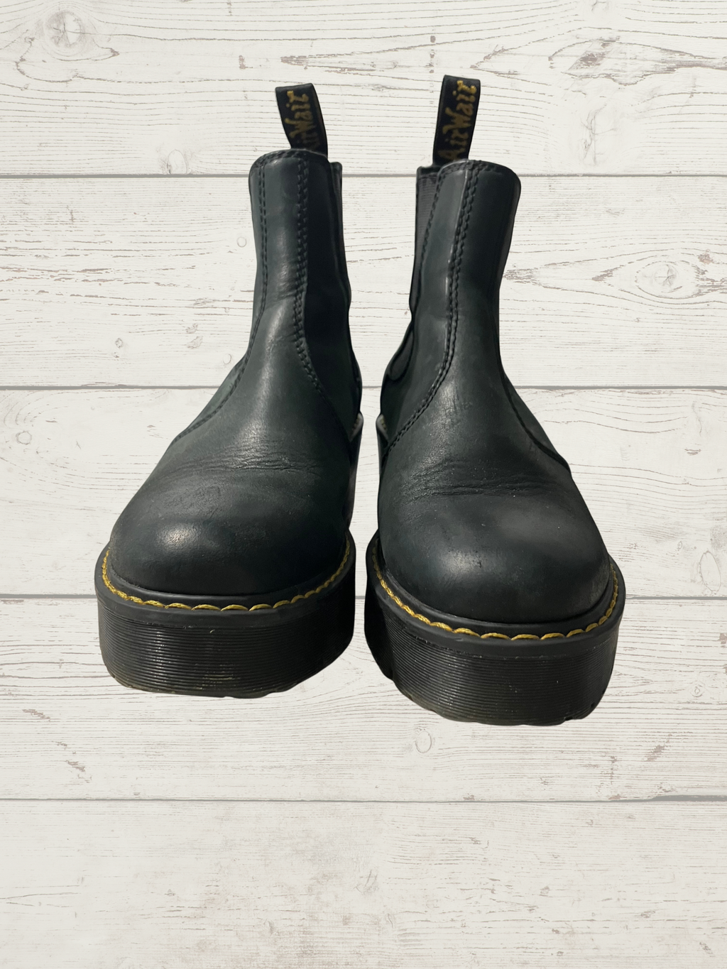Dr. Martens — Chelsea Platform Boot | Black leather, yellow welt stitching · Sz EU 40