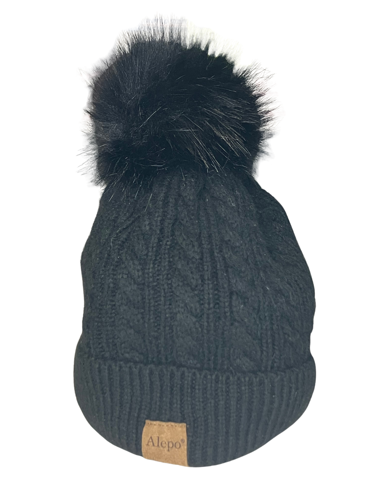 Alepo Black Knit Beanie Hat w Faux Fur Pom Pom