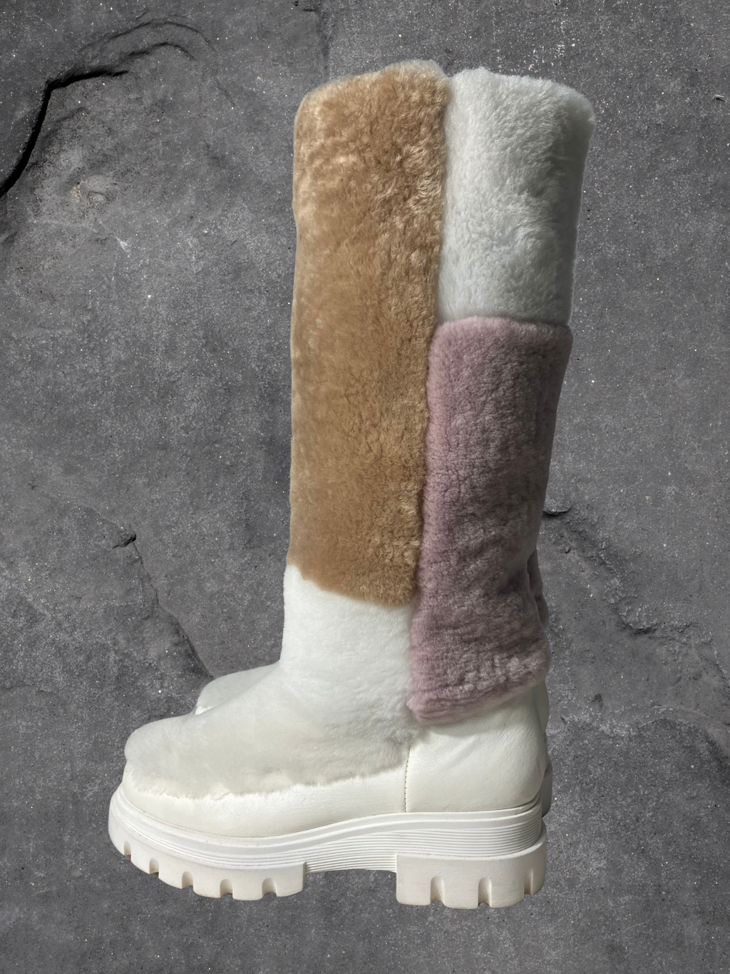 Free People — Knee-High Shearling Boots | Patchwork panels, chunky lug sole · Sz 6.5