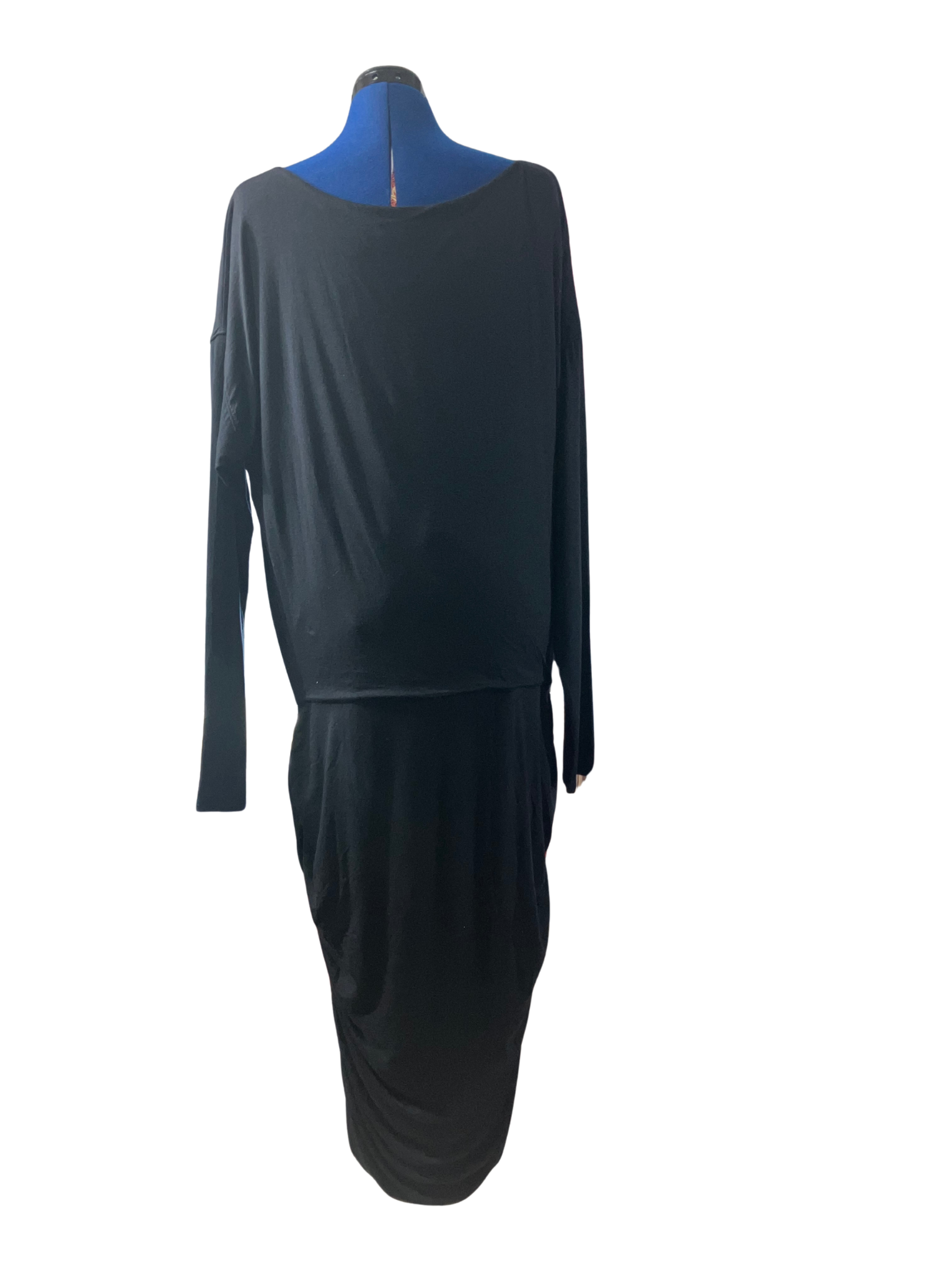 Athleta Black Long Sleeve Midi Dress Draped Neckline Ruched Skirt Size XLT