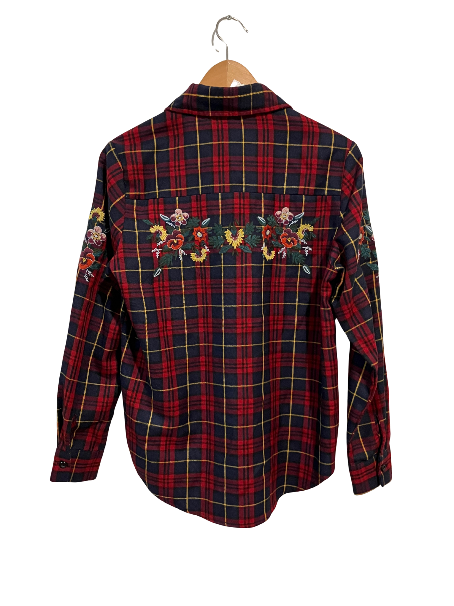 Haute Rogue Embroidered Floral Plaid Button-Up Shirt Size M