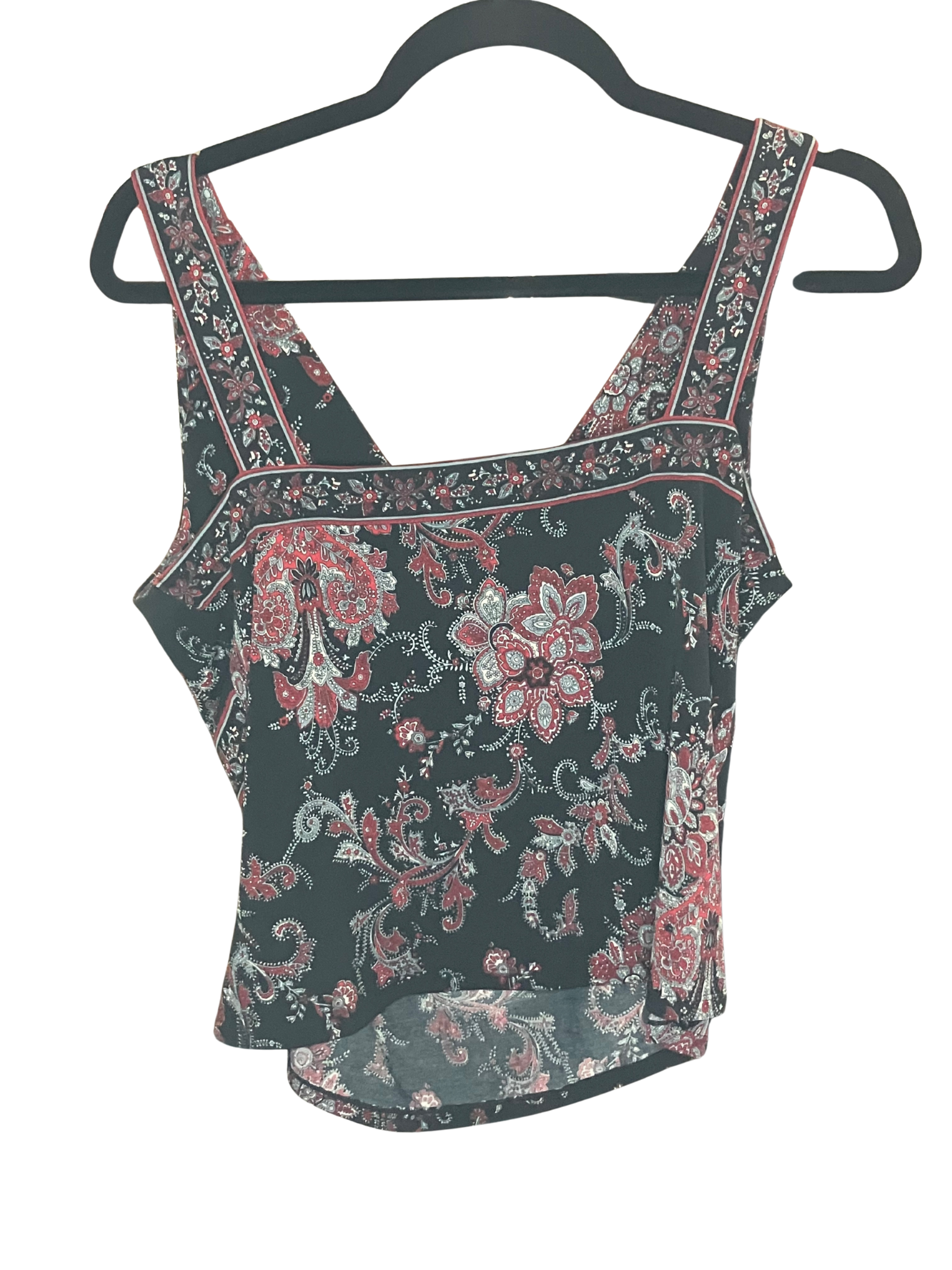 Tahari Paisley Surplice Top Size 10P Petite Black Red White Sleeveless V-Neck