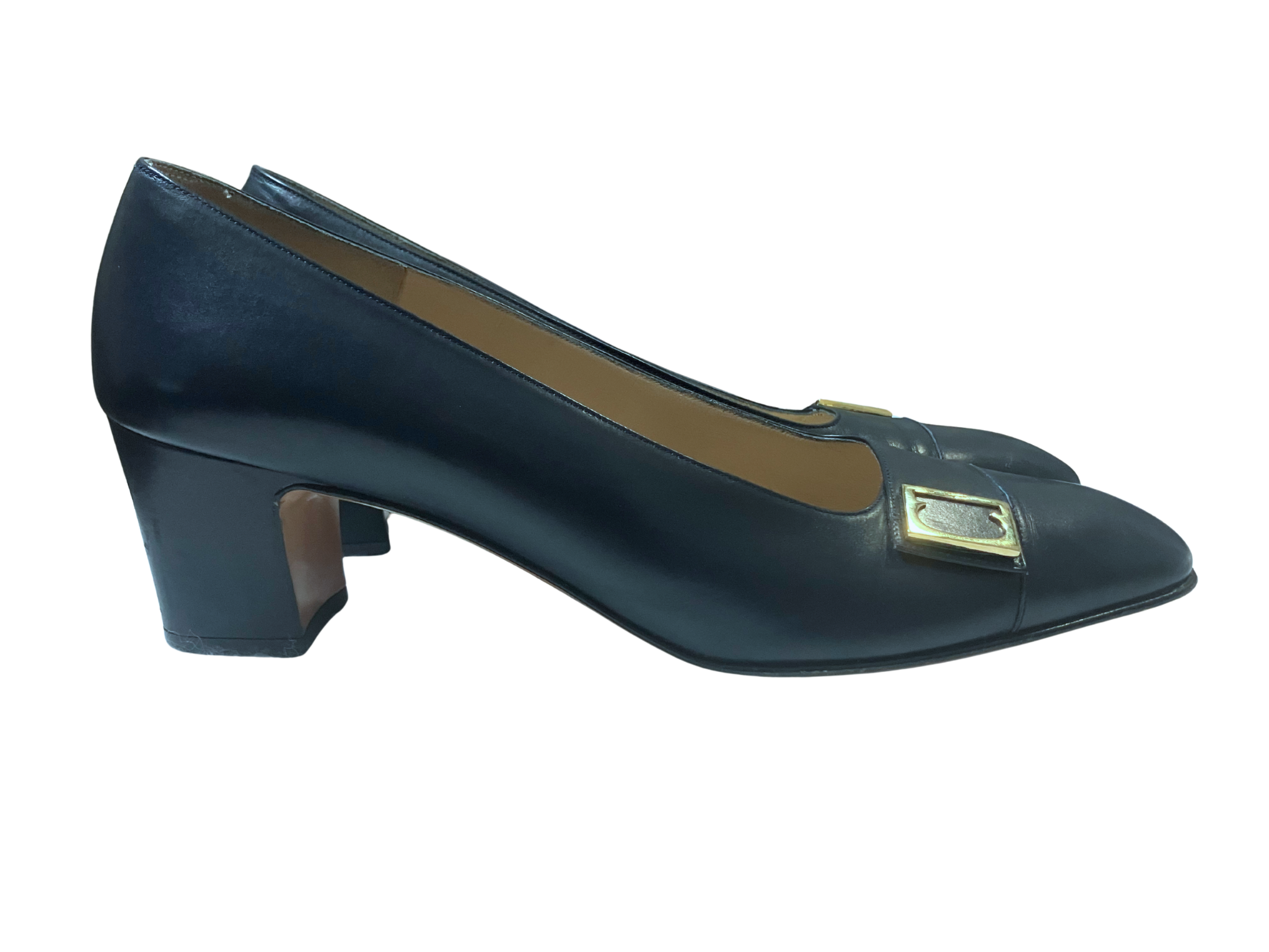 Salvatore Ferragamo Vara Navy Blue Block Heel Pumps Square Toe Gancini Italy