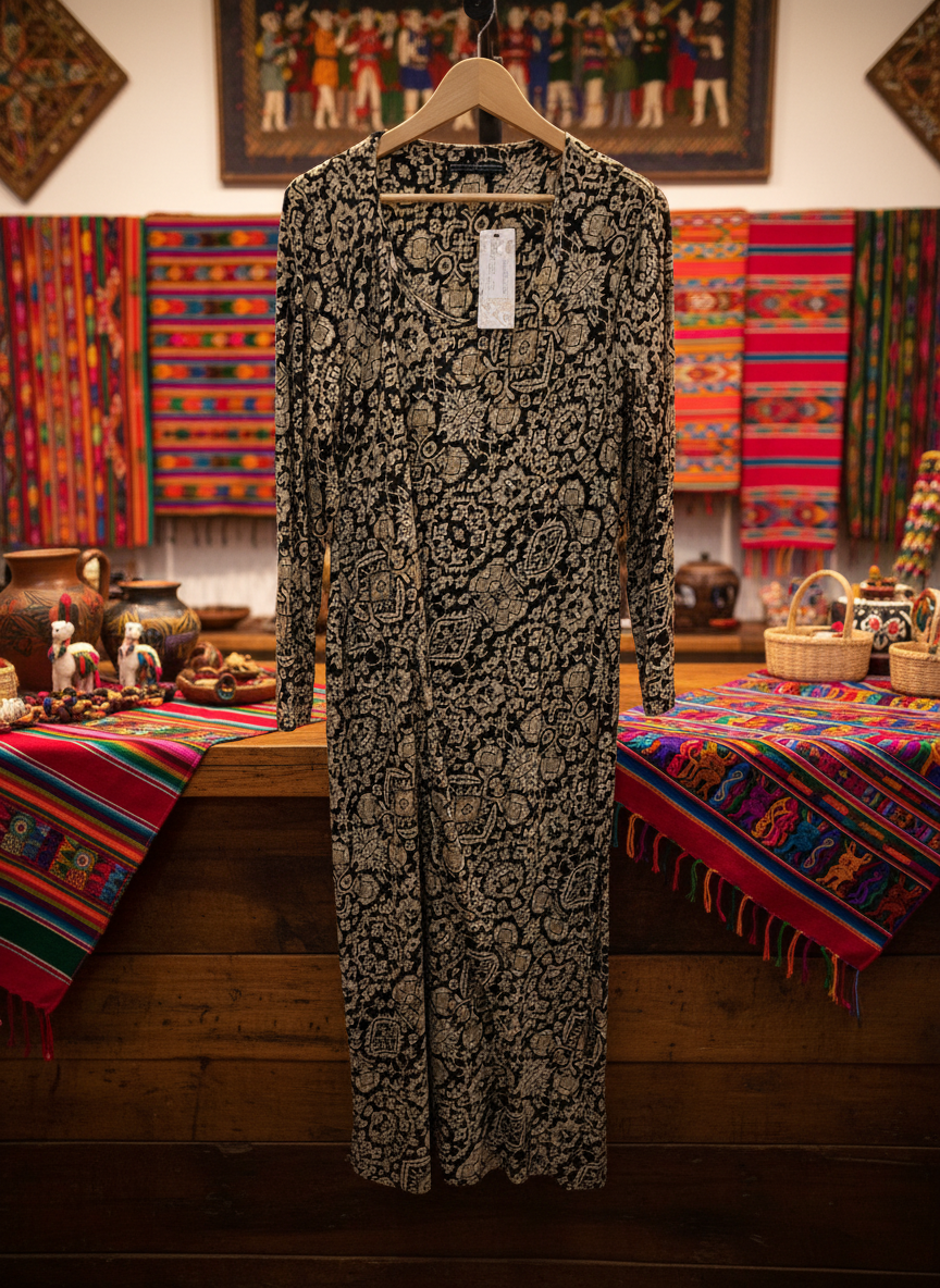 Peruvian Connection Shalimar Maxi Dress XL Black Gold Boho Long Sleeve NWT