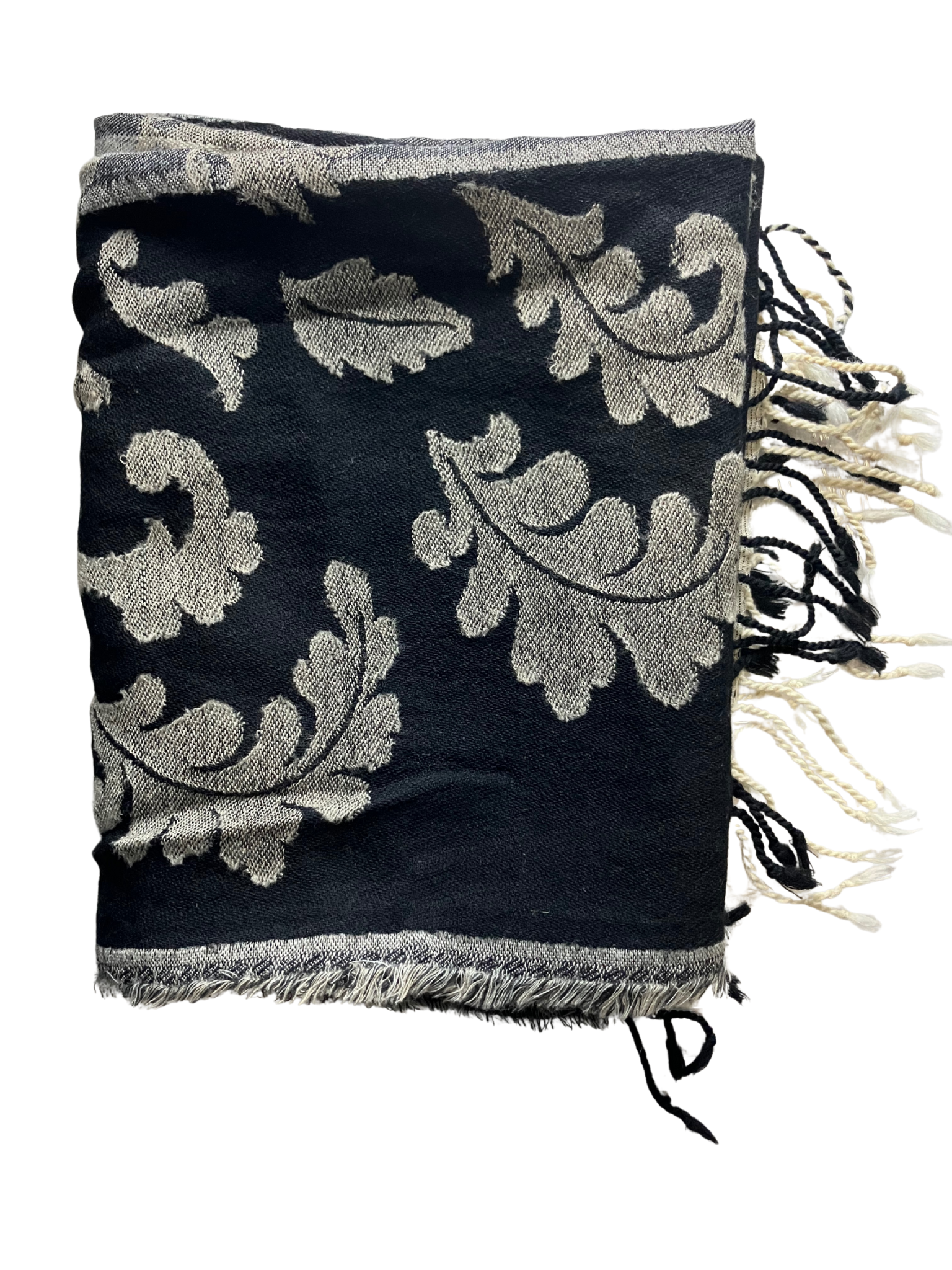 Lafayette 148 New York Wool Scarf Reversible Leaf Pattern Black & Ivory