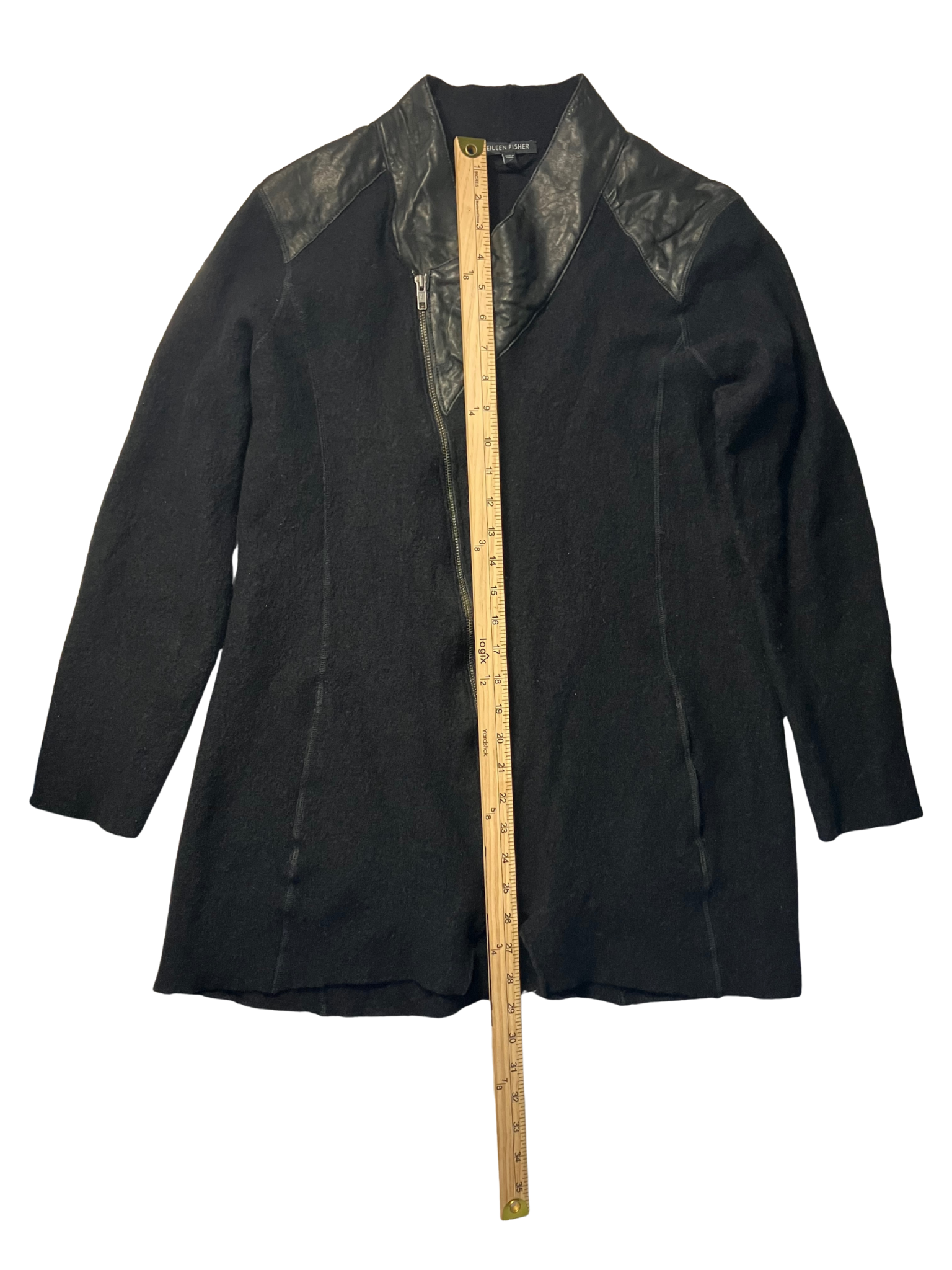 Eileen Fisher Green Eileen Merino Wool Jacket Leather Trim Size XL