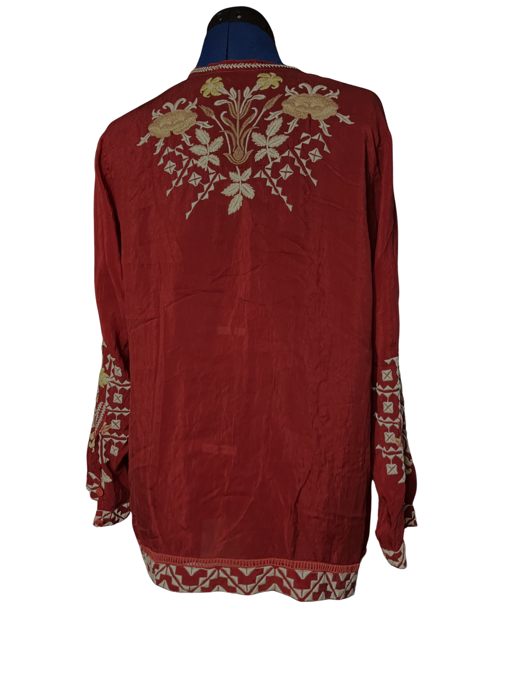 Johnny Was — Tunic | Dense botanical embroidery in deep burgundy · Sz L