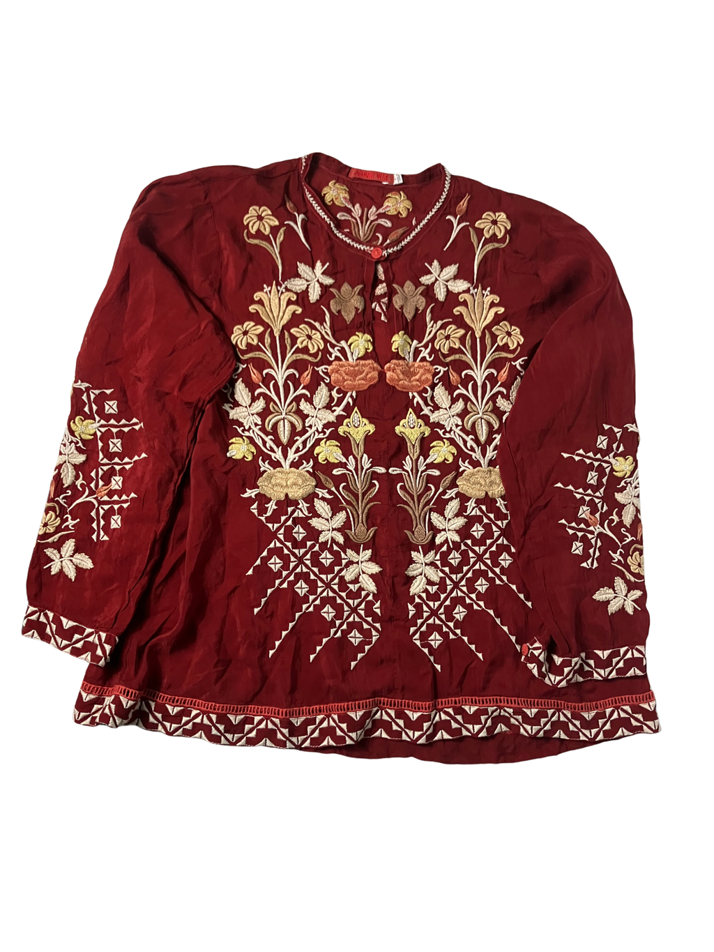 Johnny Was — Tunic | Dense botanical embroidery in deep burgundy · Sz L