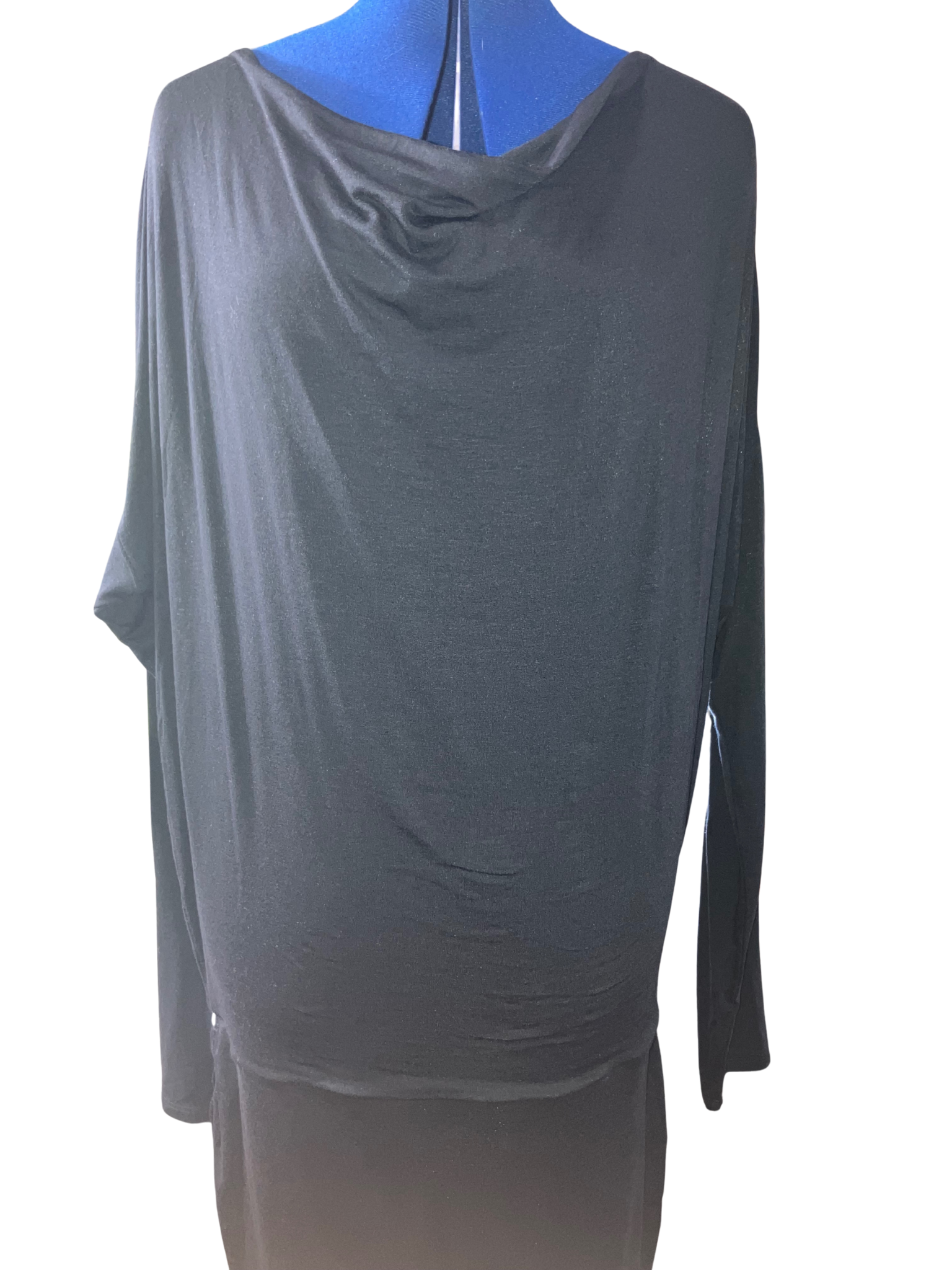 Athleta Black Long Sleeve Midi Dress Draped Neckline Ruched Skirt Size XLT