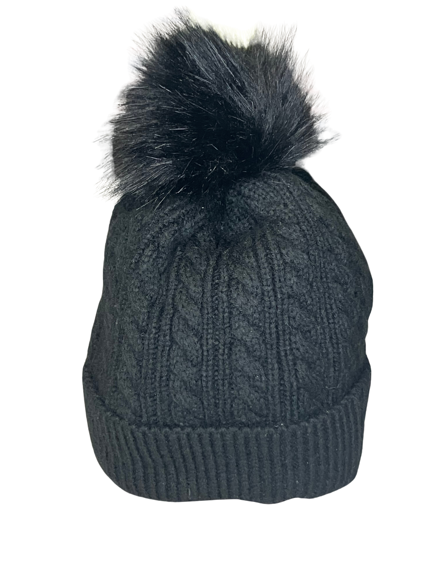 Alepo Black Knit Beanie Hat w Faux Fur Pom Pom