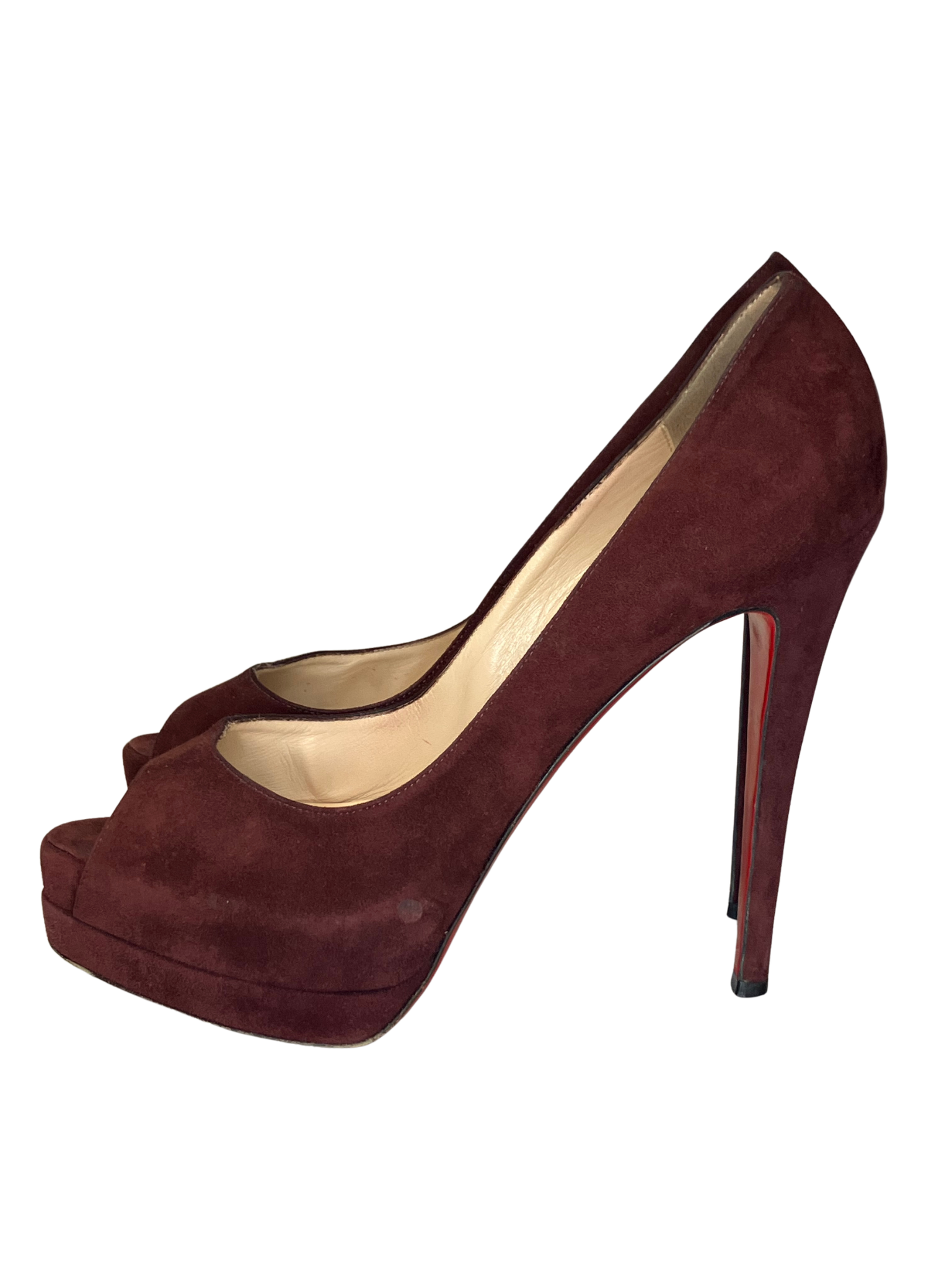 Christian Louboutin — Heels | Bordeaux suede peep-toe, Italian-made · Sz 10