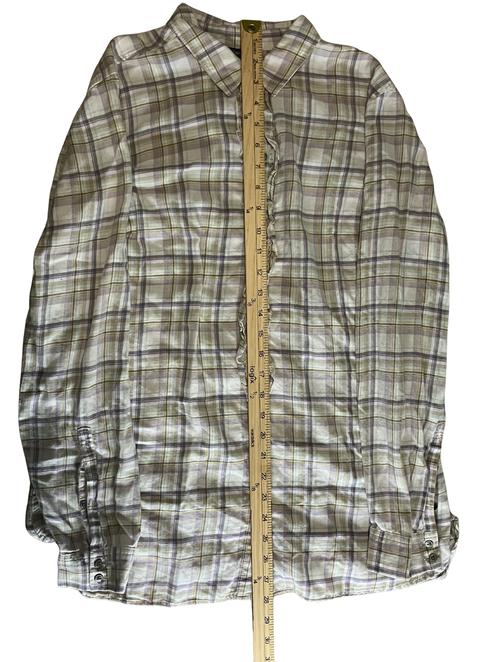 Eddie Bauer Plaid Ruffle Blouse Size L - Green Gray Cotton Roll Tab Sleeves