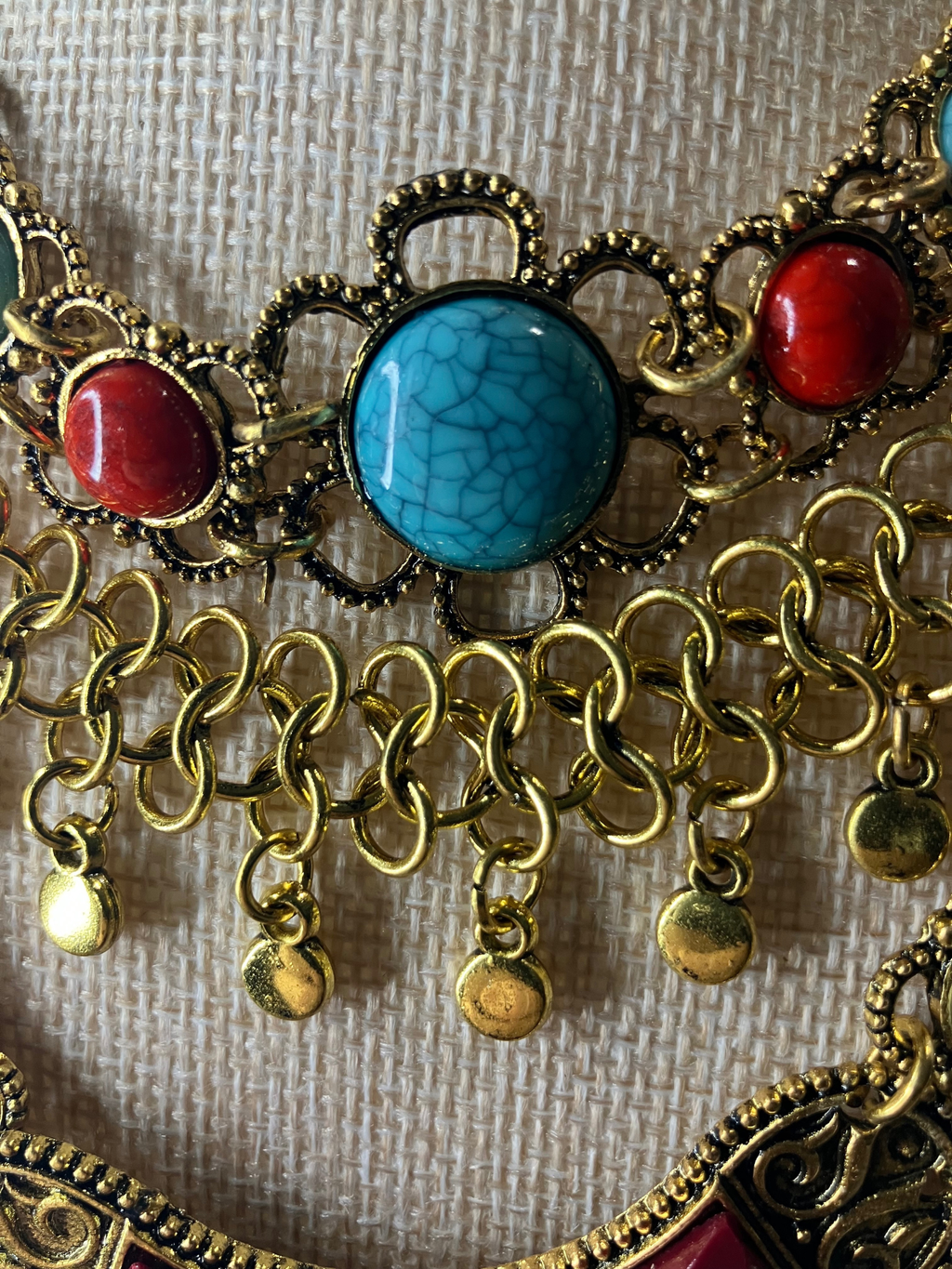 Boho Tribal Statement Necklace Turquoise Coral Multi-Layer Gold Bib