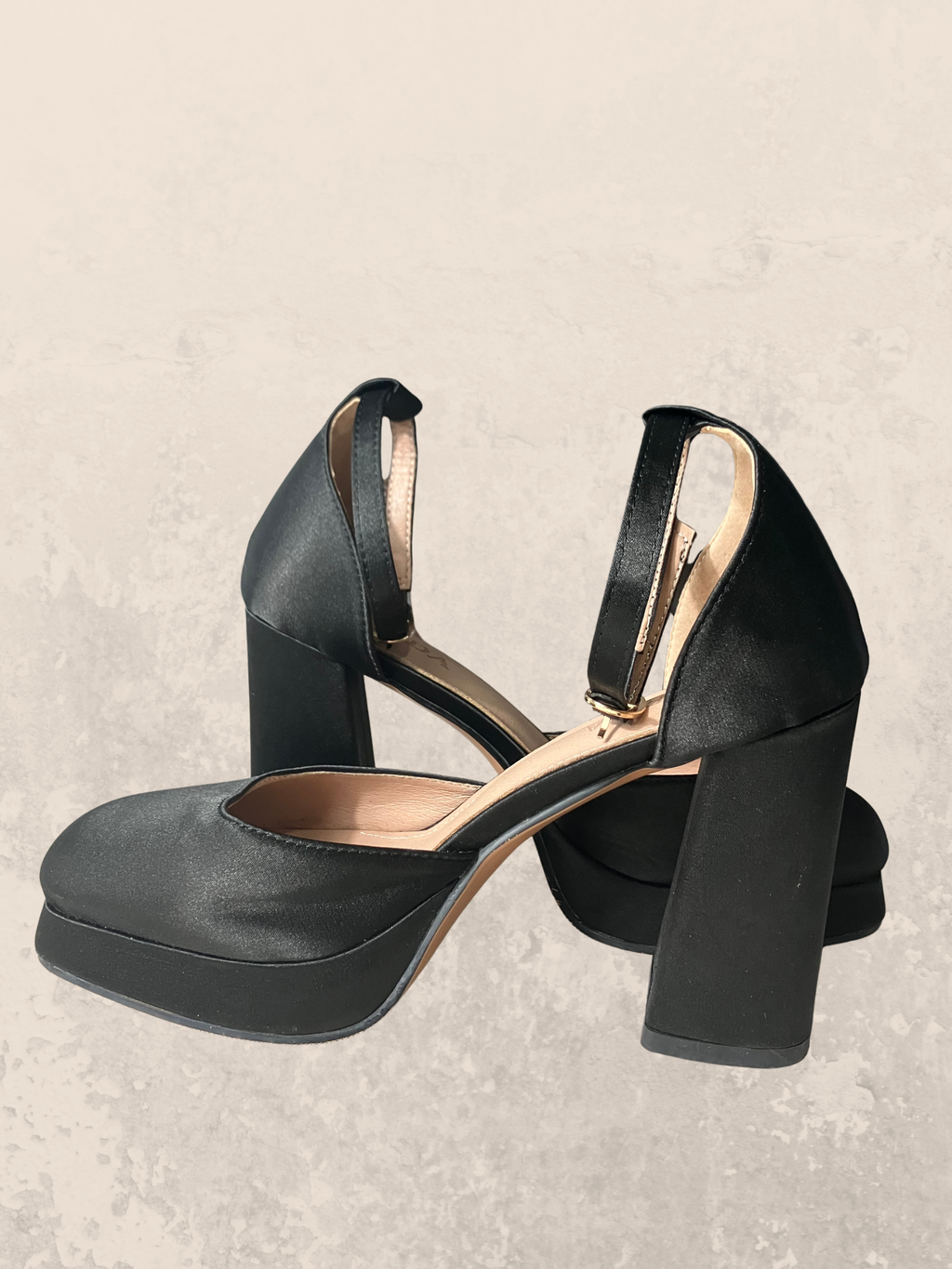Xieda — Platform Block Heel | Black satin, ankle strap, gold buckle · Sz 6