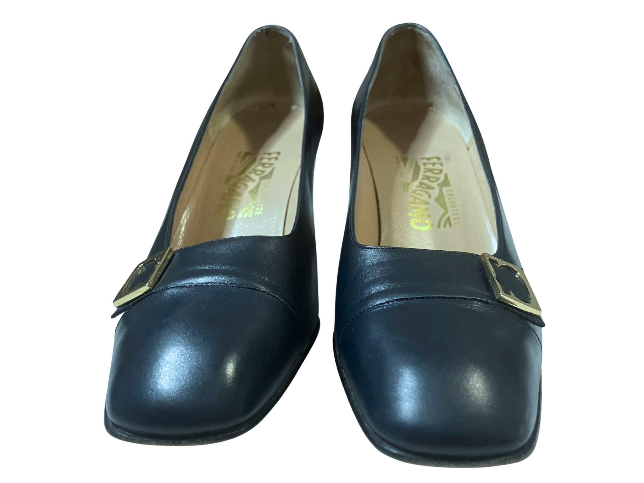 Salvatore Ferragamo Vara Navy Blue Block Heel Pumps Square Toe Gancini Italy