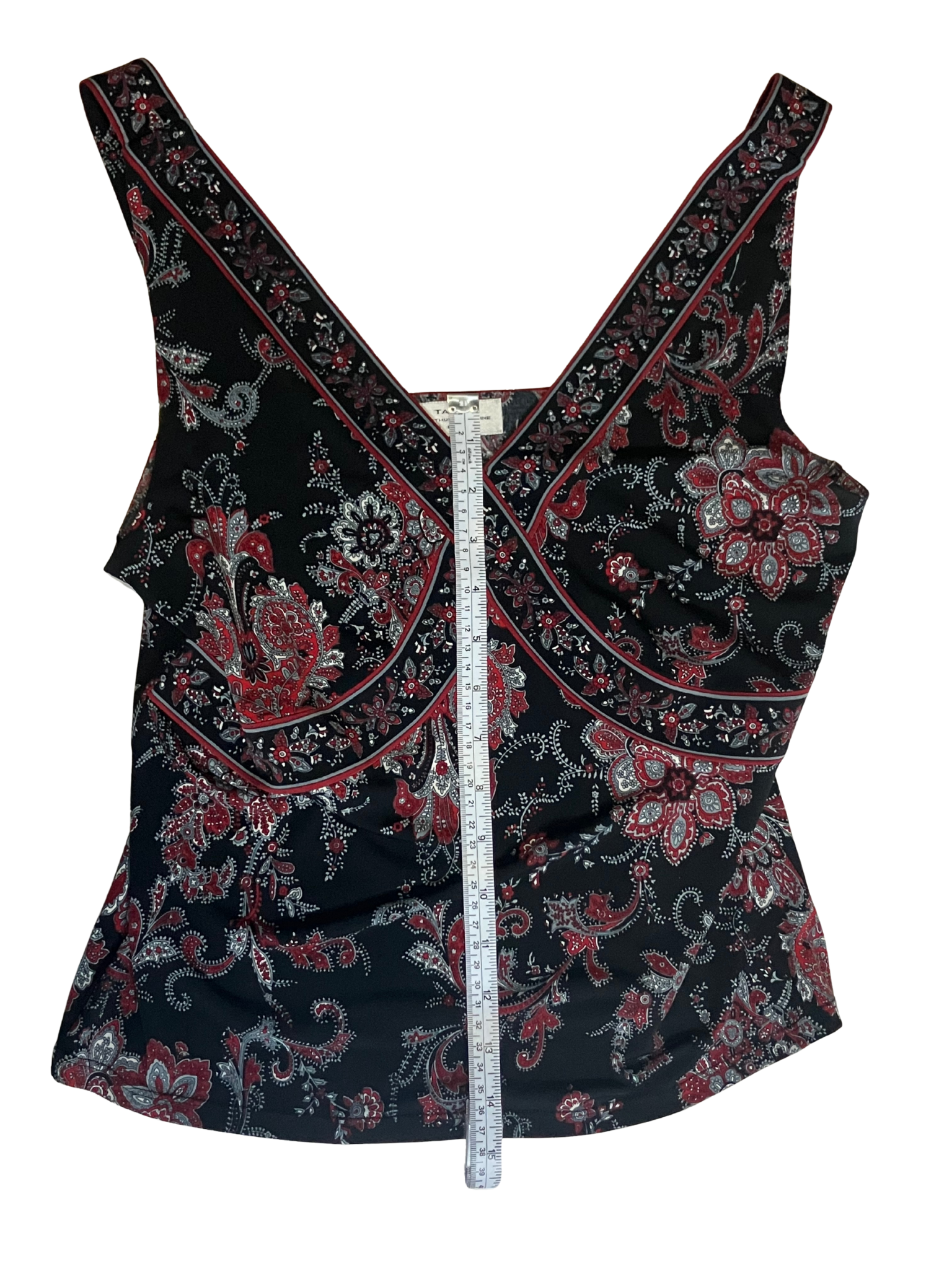 Tahari Paisley Surplice Top Size 10P Petite Black Red White Sleeveless V-Neck
