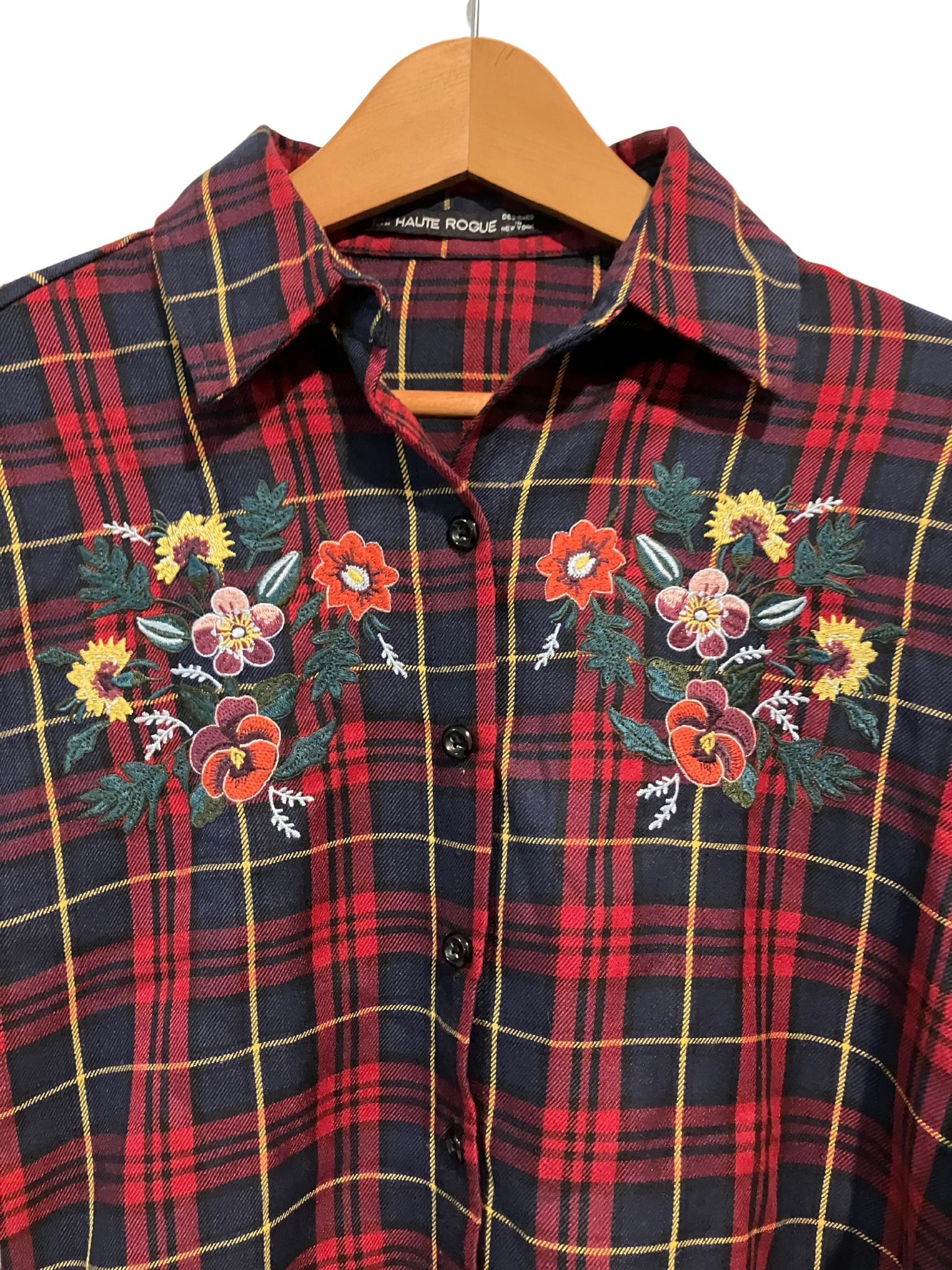 Haute Rogue Embroidered Floral Plaid Button-Up Shirt Size M