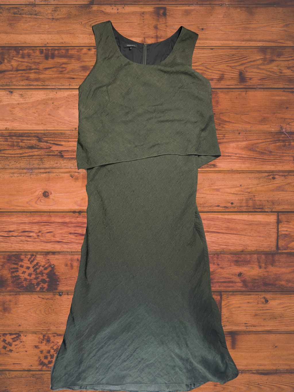 Lafayette 148 New York — Dress | Olive linen-blend midi with architectural overlay bodice · Sz 16