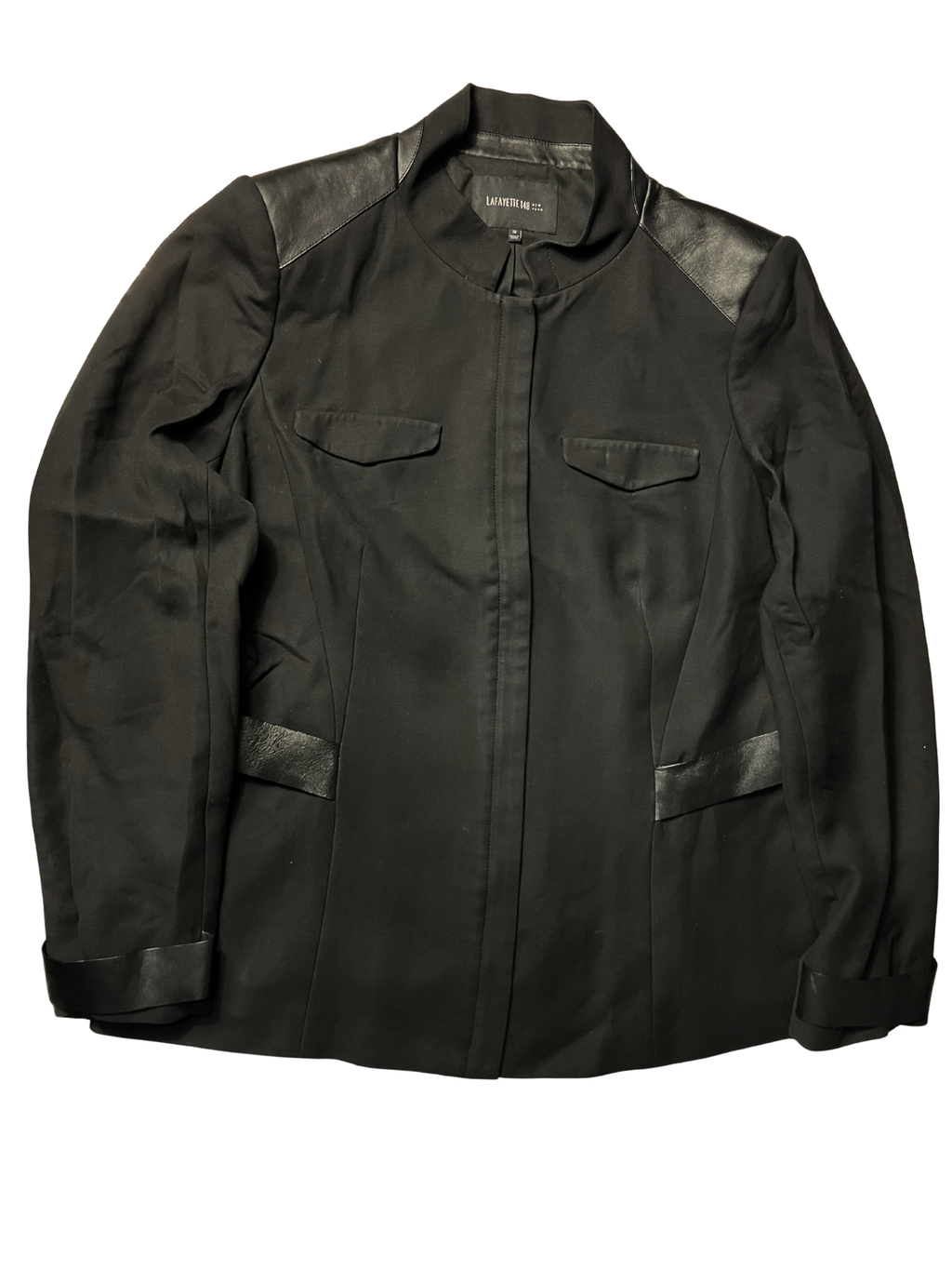 Lafayette 148 New York Black Jacket w/ Leather Trim Size 16
