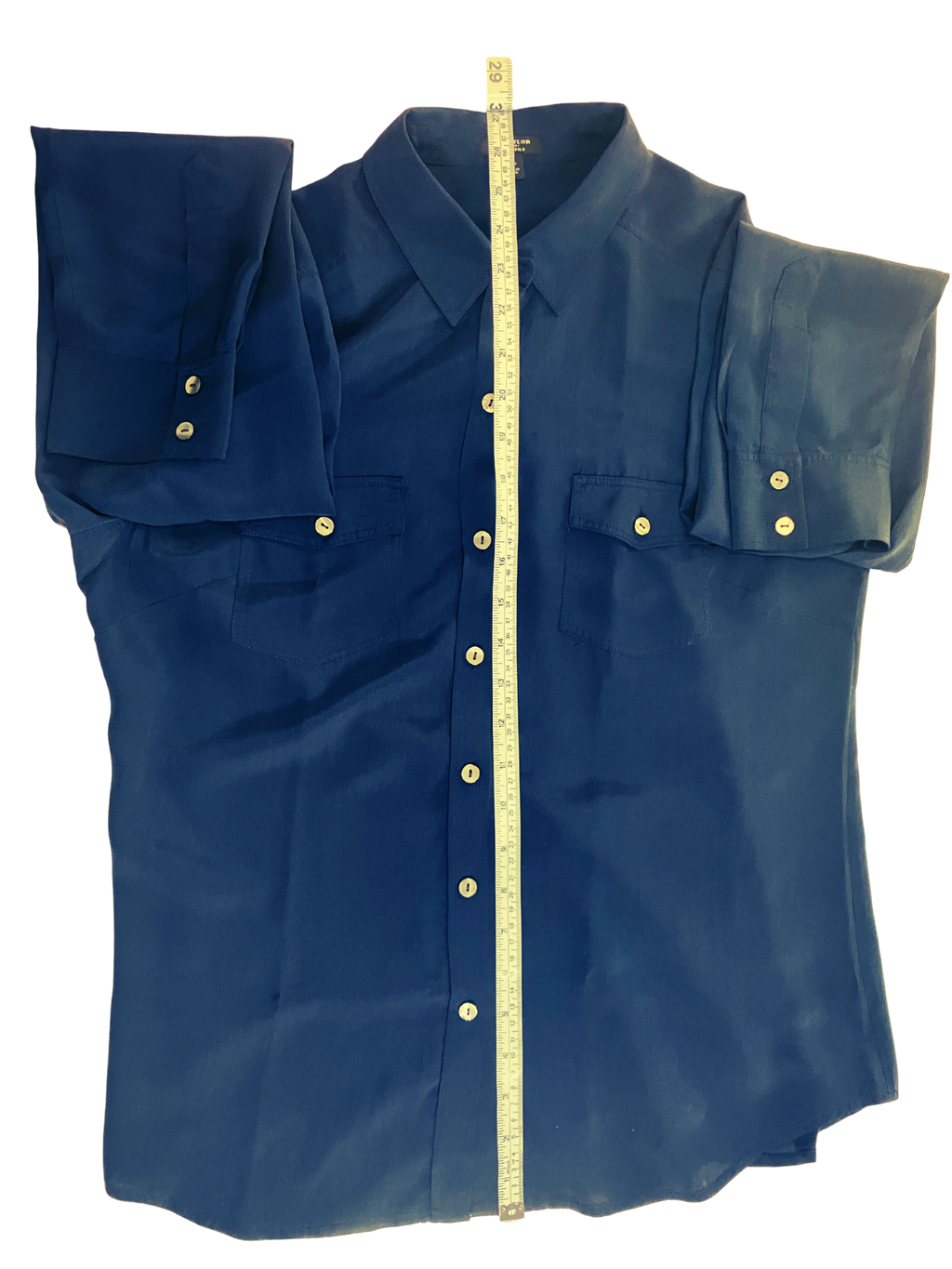 Ann Taylor Petite Navy Blue Silk Button-Down Blouse Size 10P