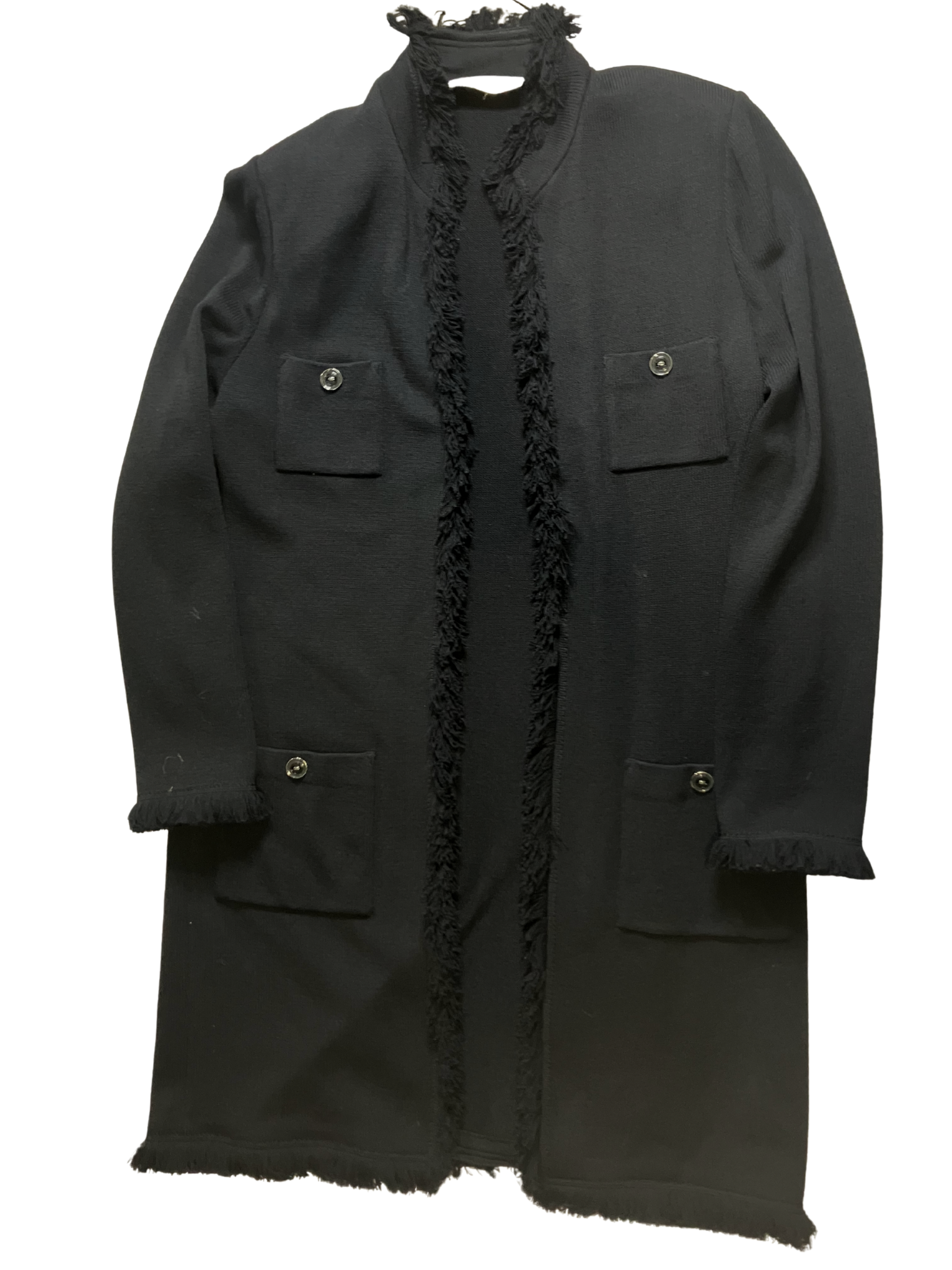 St. John Collection Black Wool Knit Long Coat Fringe Detail Size 0