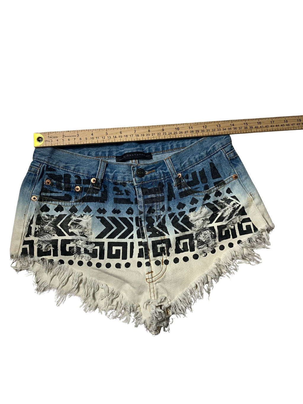 Signature Tribal Print Ombré Denim Cutoff Shorts - Blue Cream Frayed