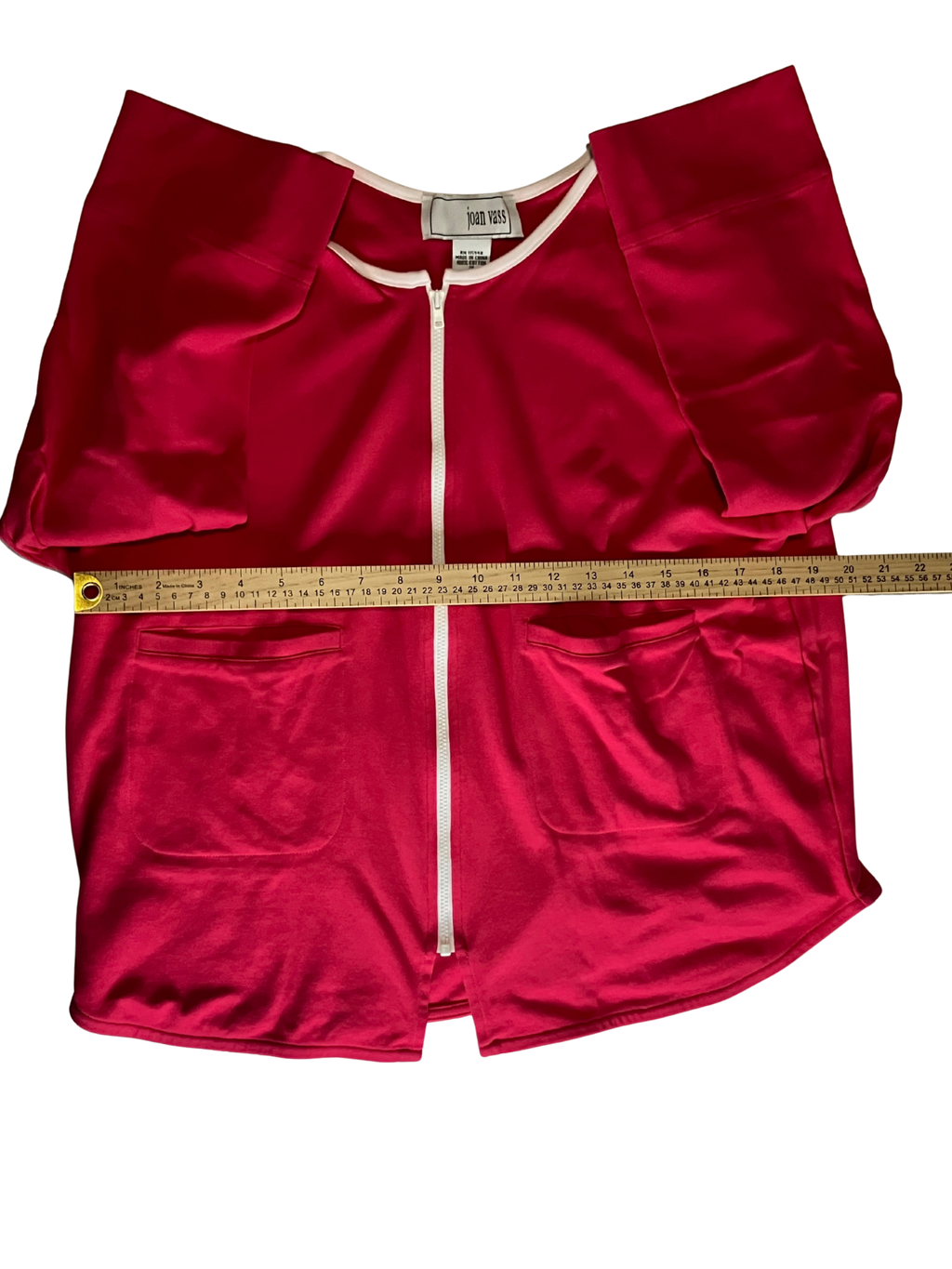 Joan Vass Fuchsia Pink Cotton Zip Cardigan White Trim 3/4 Sleeve Size 2P