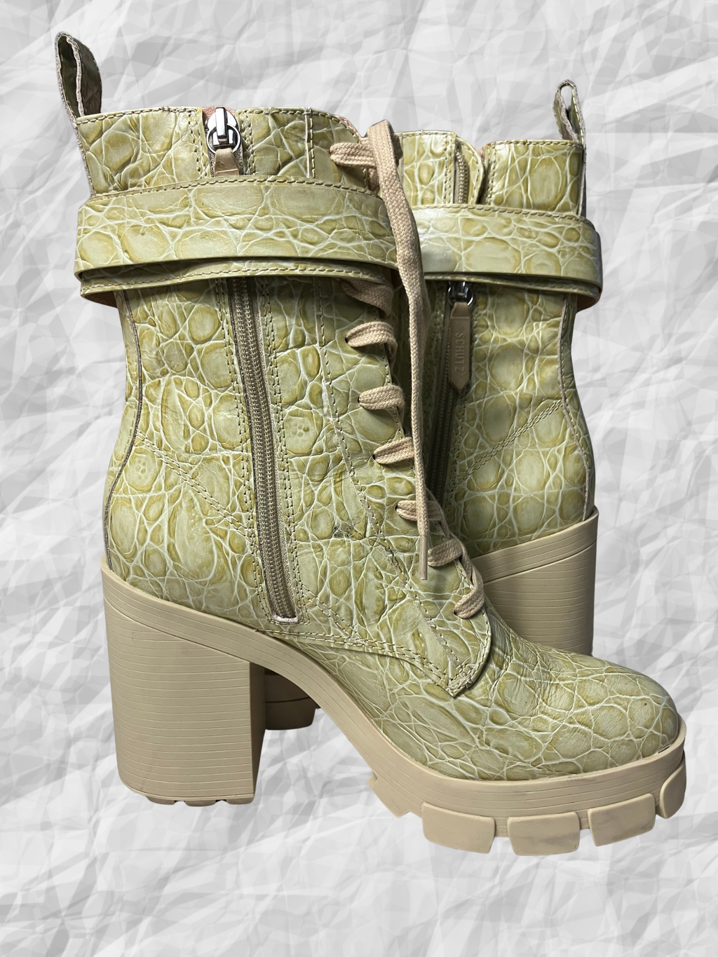 Schutz — Combat Boots | Croc-embossed leather, chunky lug sole · Sz 8