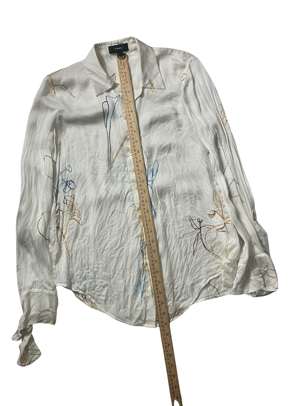 Theory Ivory Silk Abstract Print Blouse - Tie Cuff Button Down Size P