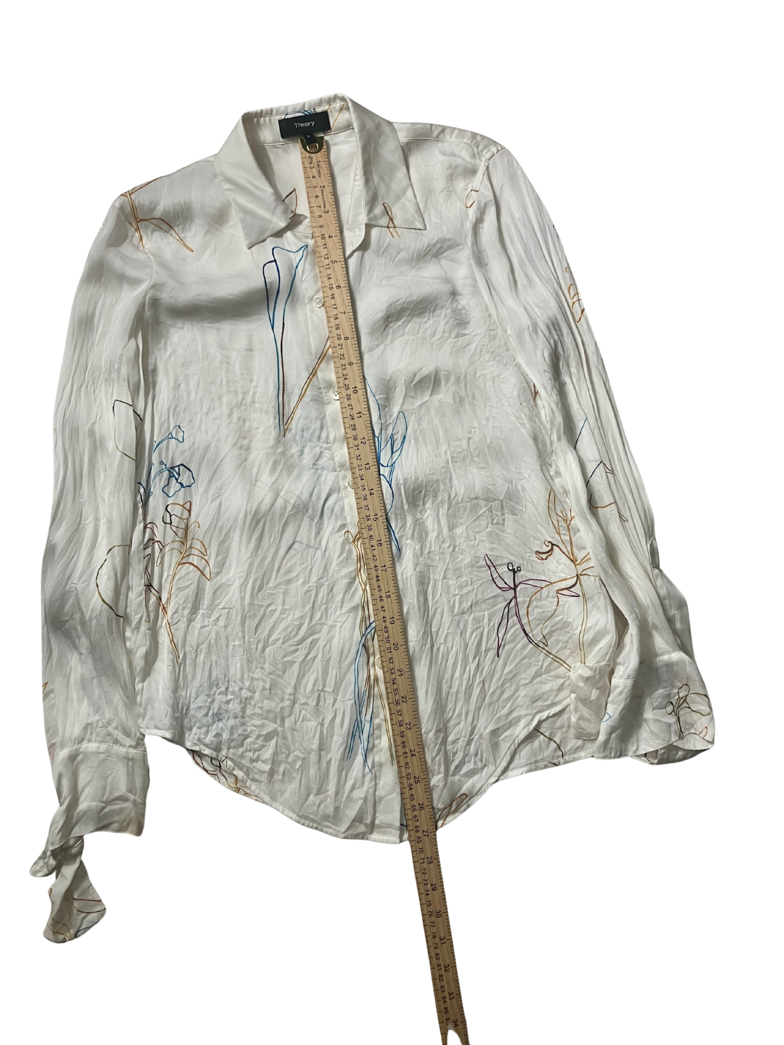 Theory Ivory Silk Abstract Print Blouse - Tie Cuff Button Down Size P