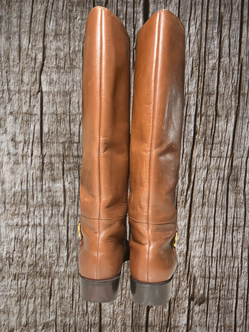 Etienne Aigner — Tall Riding Boots | Cognac leather, gold stirrup hardware · Sz 9