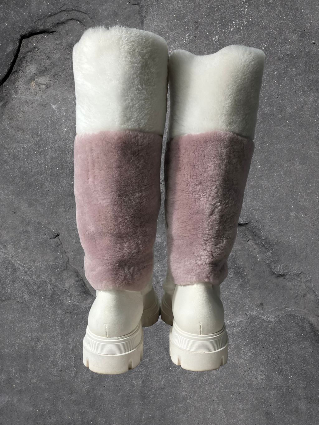 Free People — Knee-High Shearling Boots | Patchwork panels, chunky lug sole · Sz 6.5