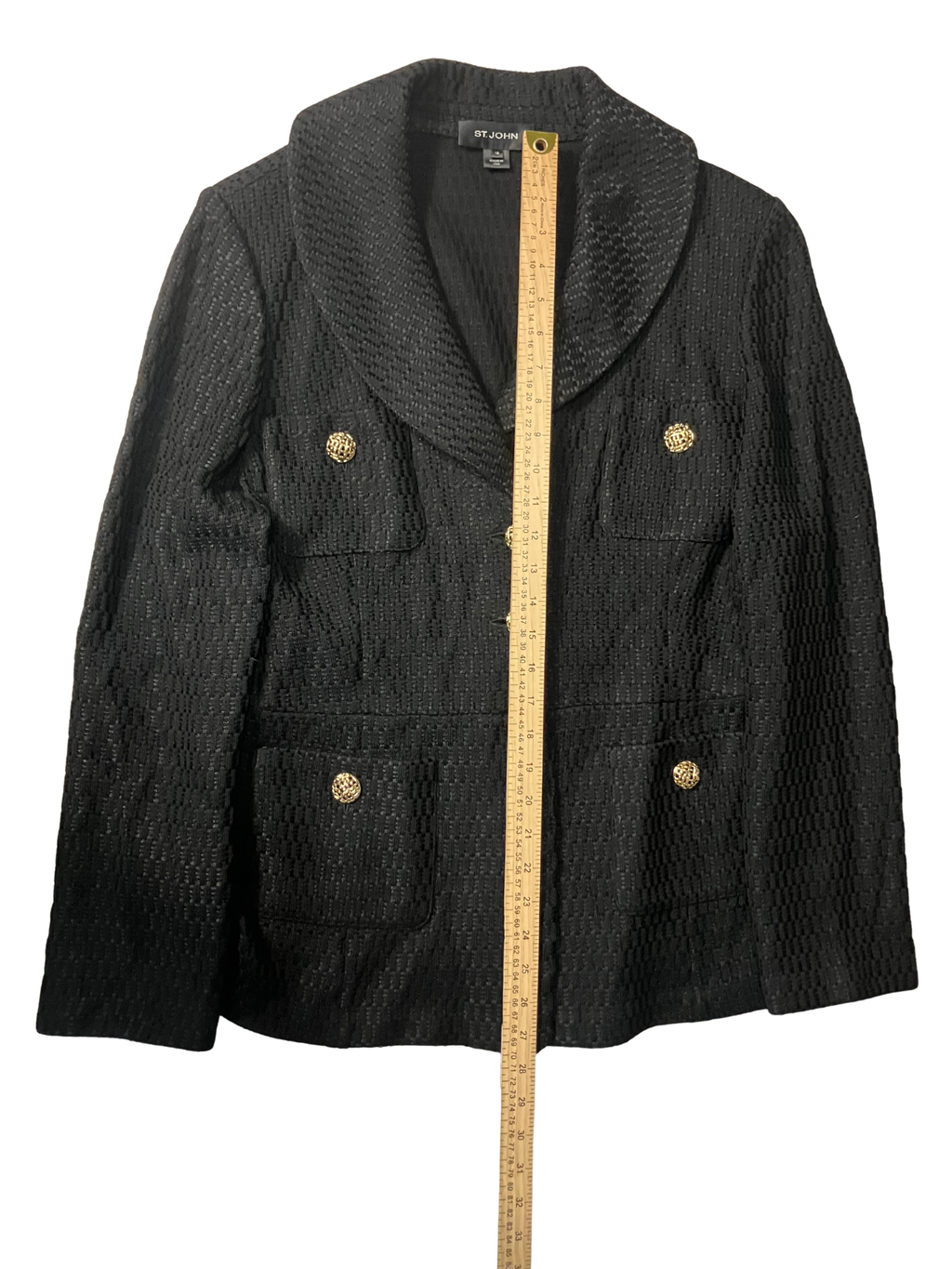 St. John Black Knit Blazer Jacket Gold Button Detail Size 14
