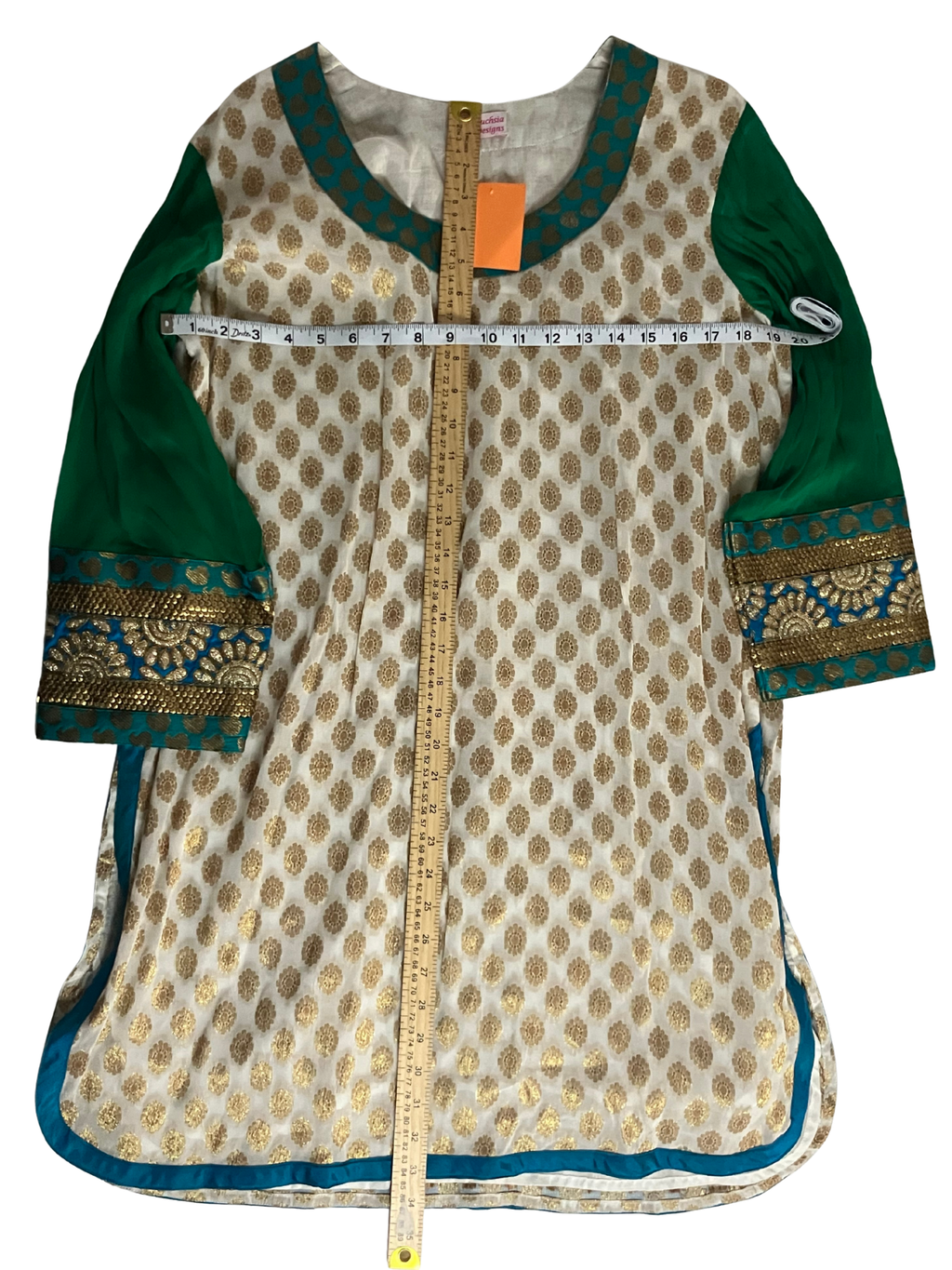 Fuchsia Designs Embroidered Kurta Tunic XXL White Teal Gold Brocade NWT