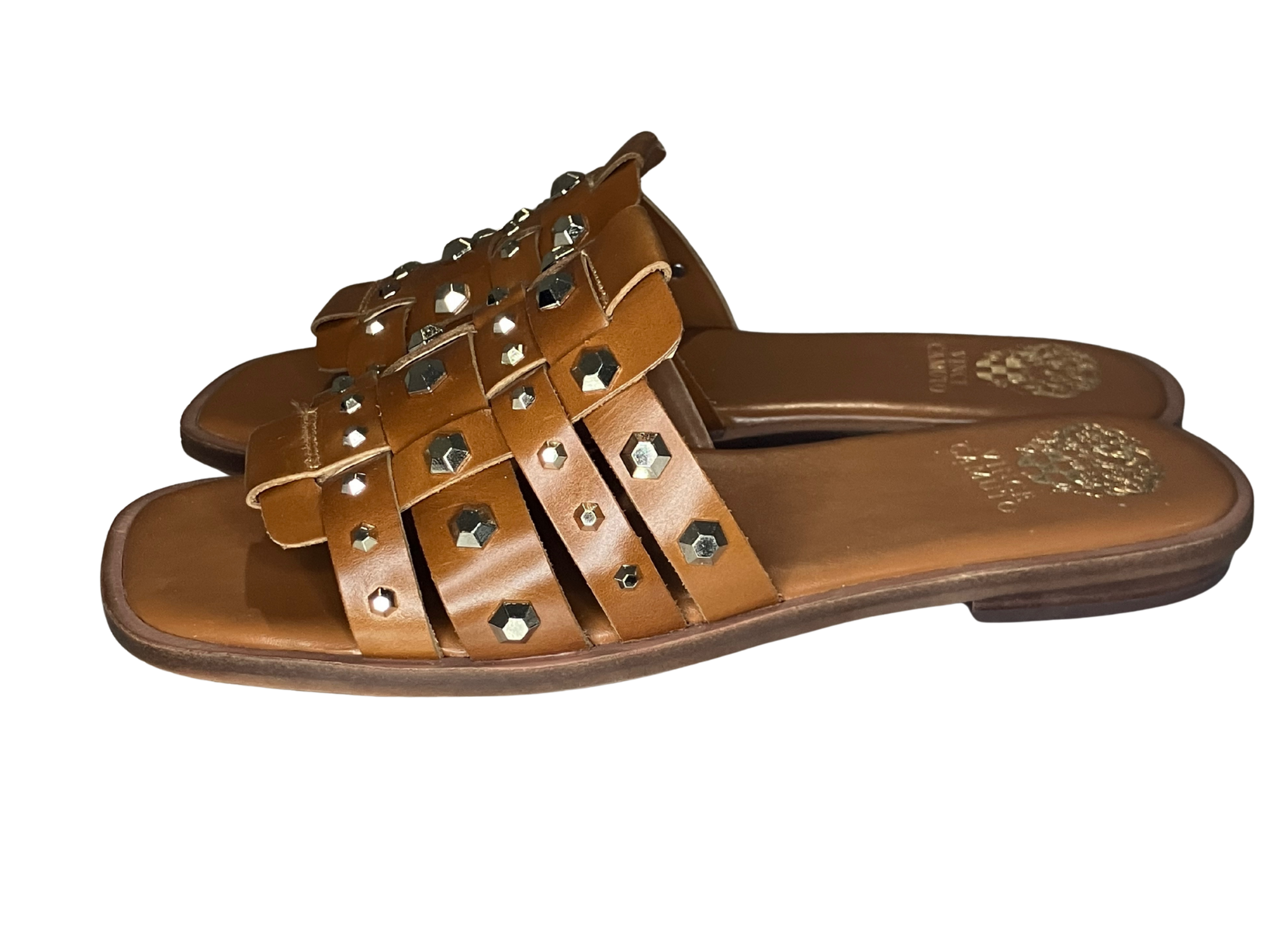 Vince Camuto Neverna Studded Slide Sandals – Cognac Leather Woven Straps