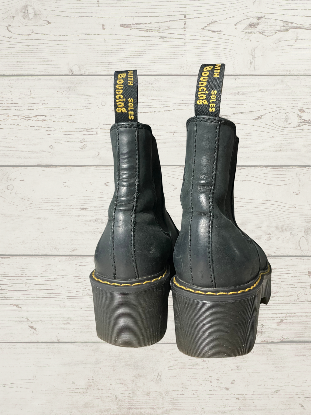 Dr. Martens — Chelsea Platform Boot | Black leather, yellow welt stitching · Sz EU 40