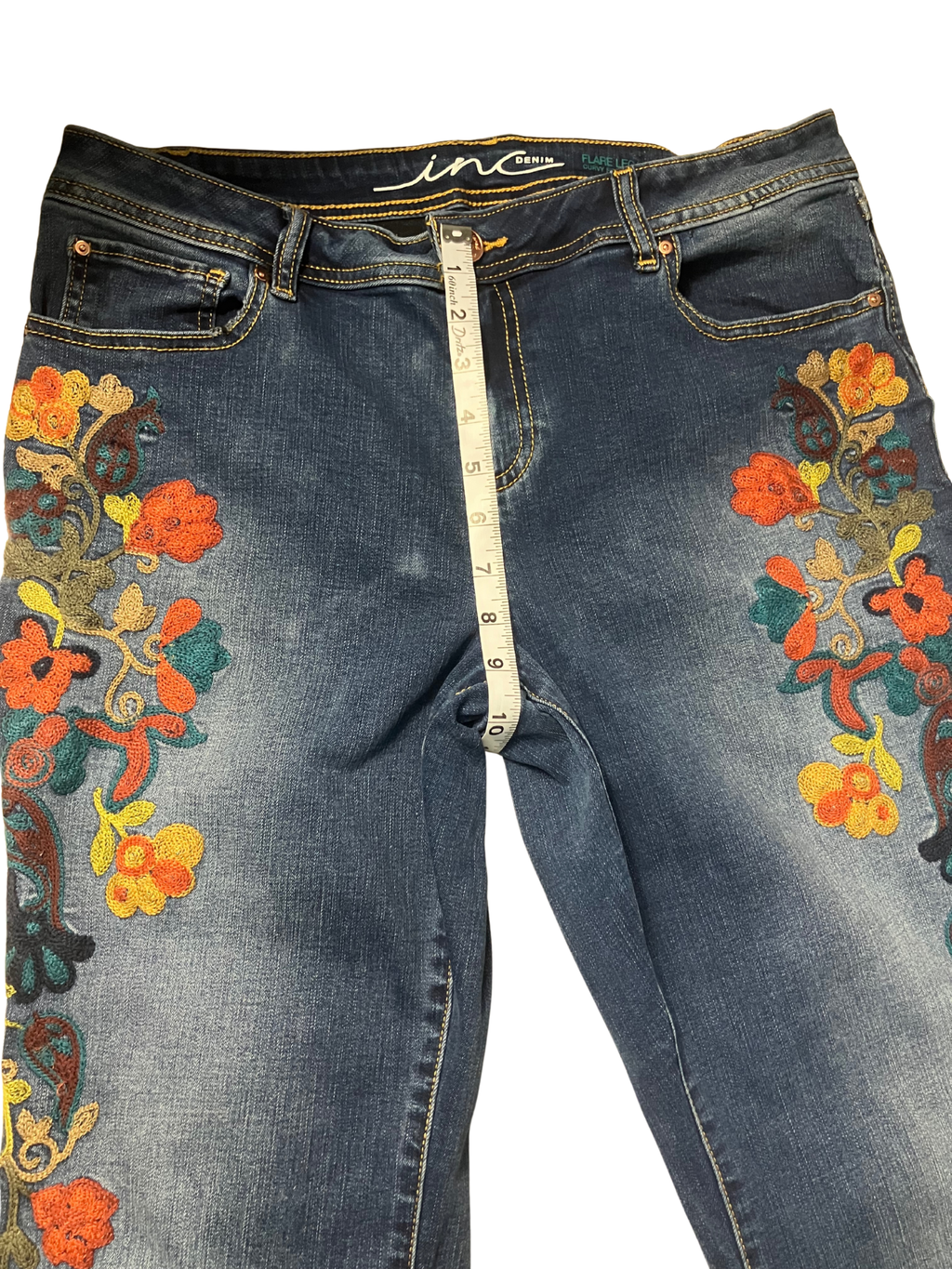 INC International Concepts Floral Embroidered Flare Jeans Size 12
