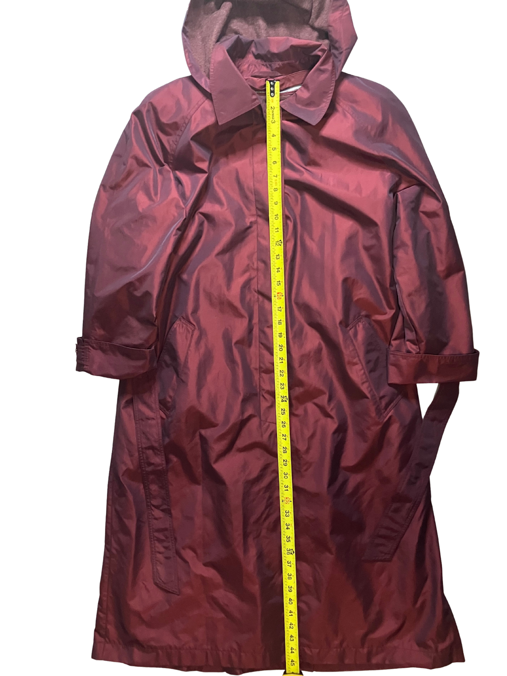 FS Rainwear — Hooded Long Coat | Burgundy fleece-lined nylon, late 90s vintage · Sz L