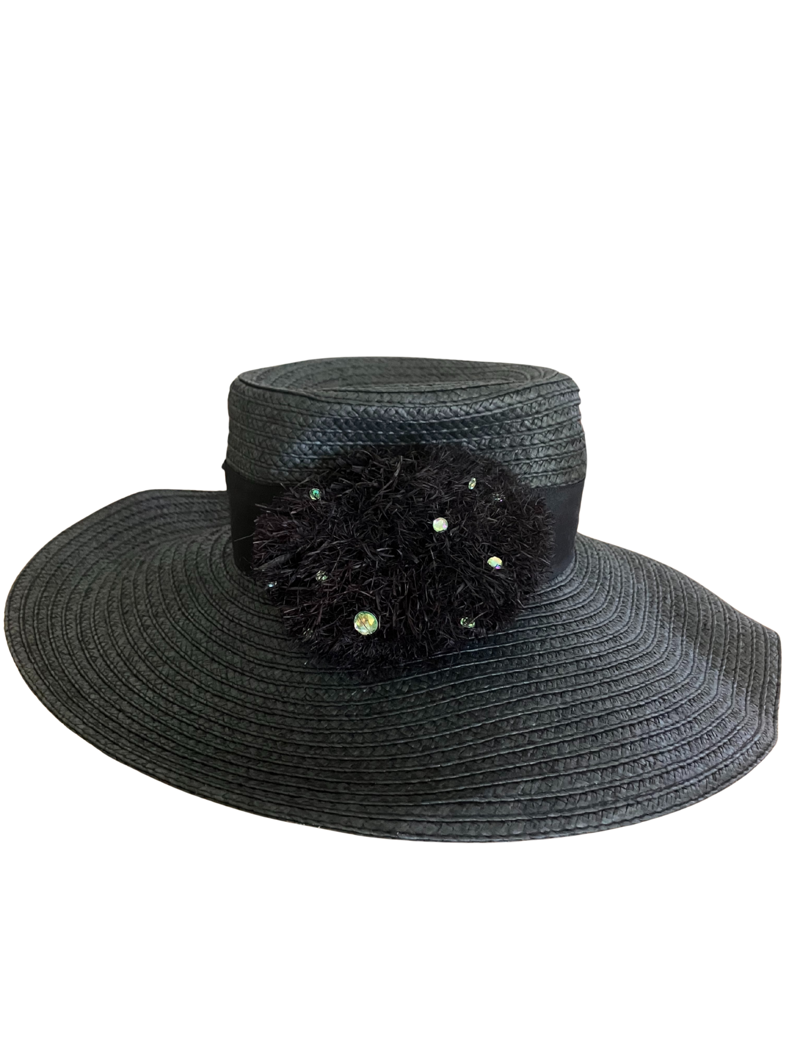 August Hat Company Black Wide Brim Straw Hat - Floral Embellishment