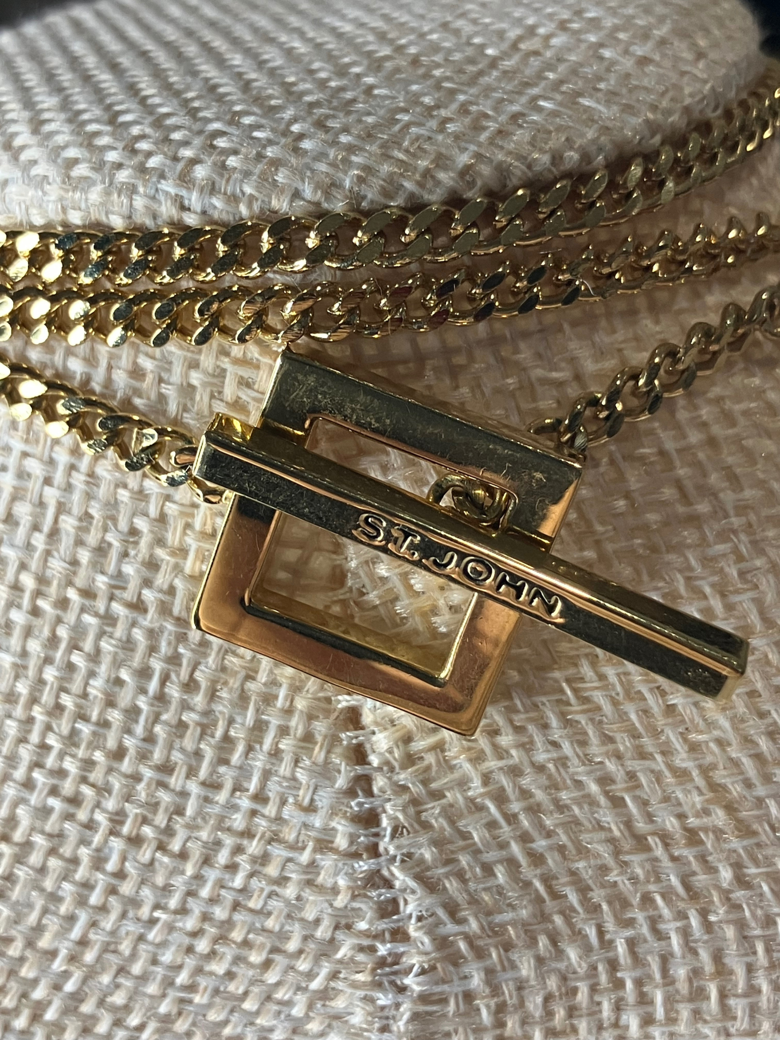 Vintage ST. JOHN Statement Necklace – Gold Tone Geometric Pendant Black Crystals