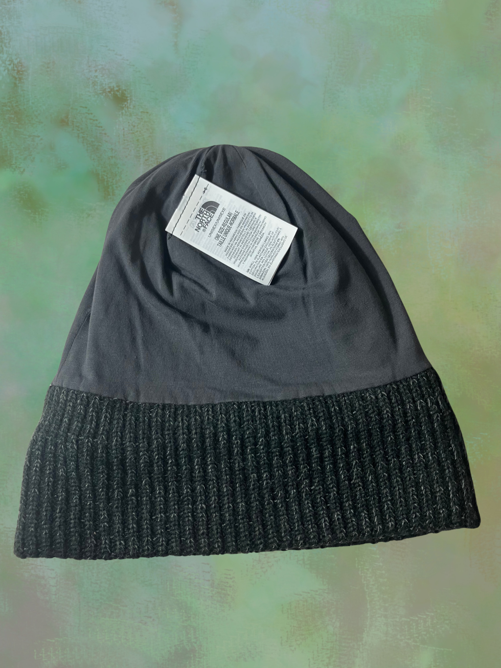 The North Face — Beanie | Deep black, ribbed knit, box logo · Sz OS