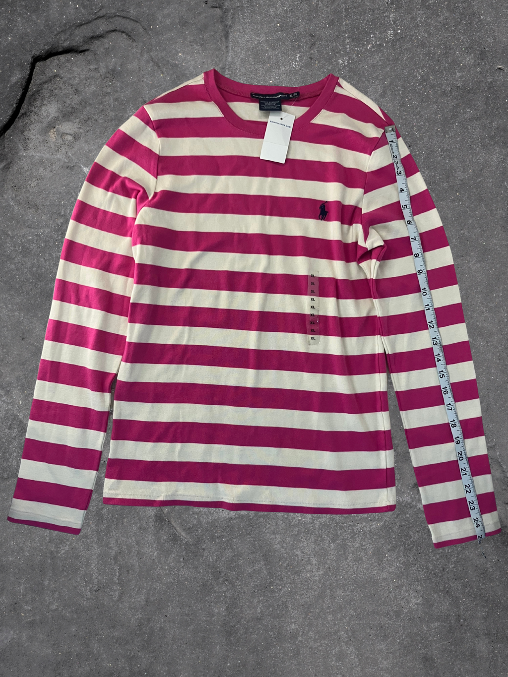 Ralph Lauren — Crew Neck T-Shirt | Pink and cream stripes, embroidered pony · Sz XL