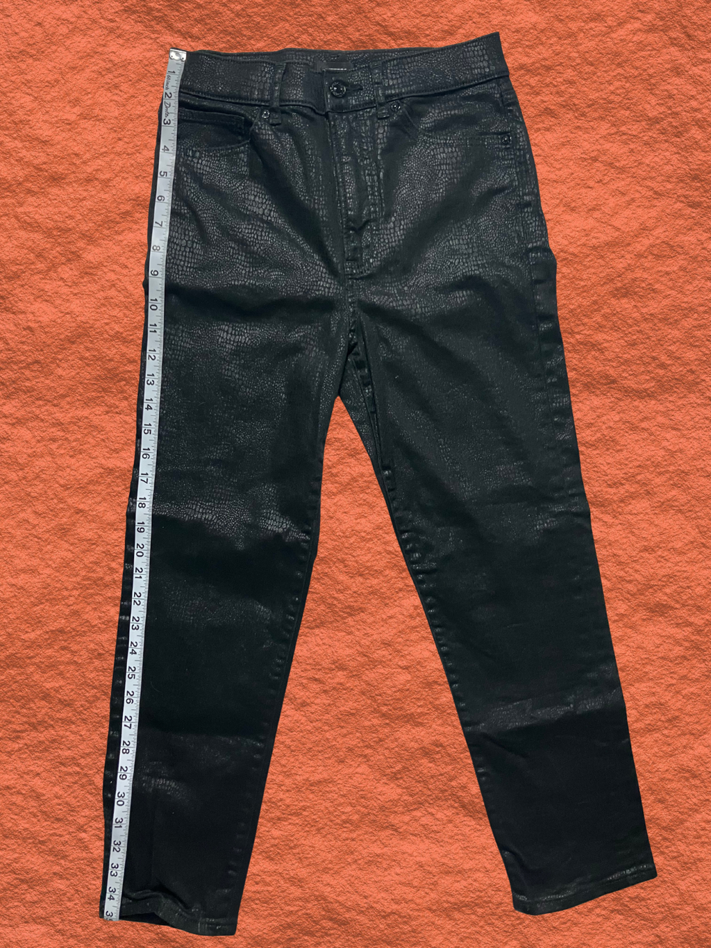 Express — Jeans | Black croc-embossed high-rise, coated denim · Sz 4