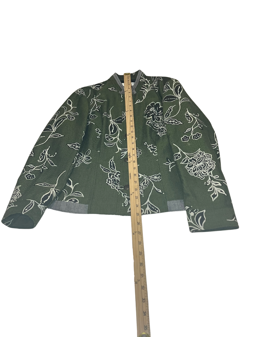 Coldwater CreekOlive Green Embroidered Floral Jacket – White Botanical Print Button-Up