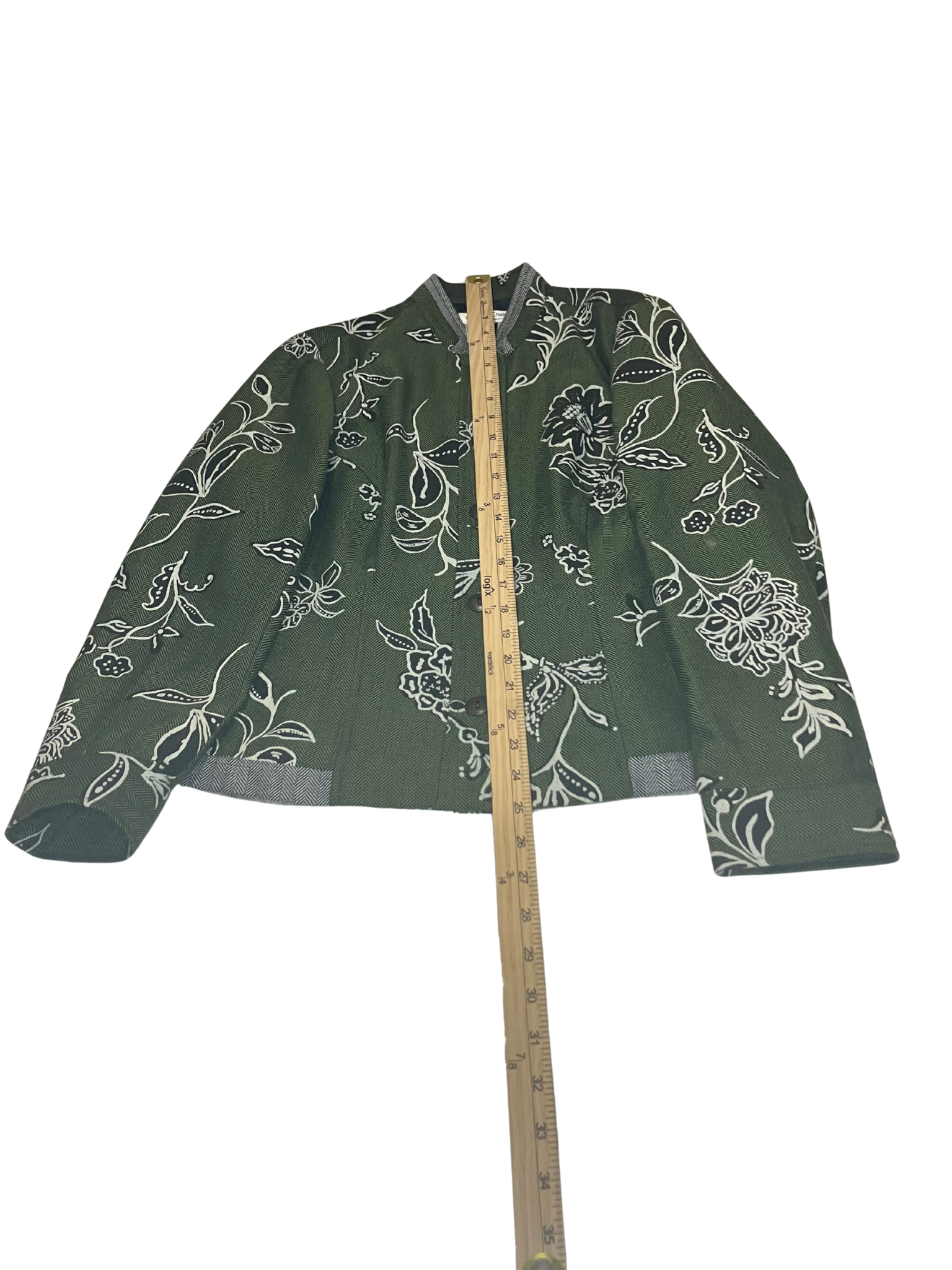 Coldwater CreekOlive Green Embroidered Floral Jacket – White Botanical Print Button-Up