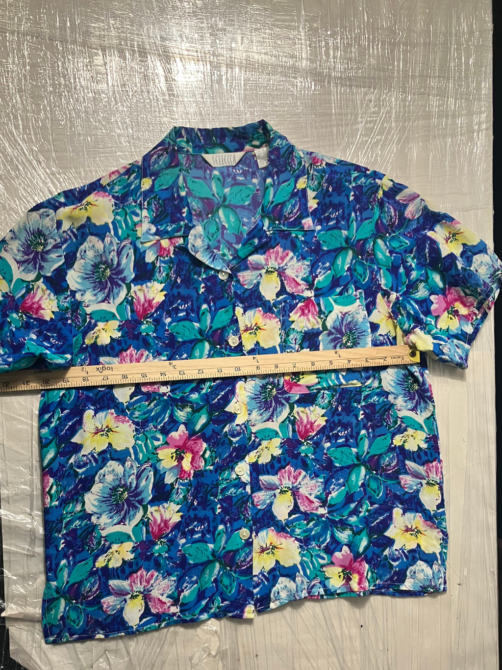 Sellecca — Silk Blouse | Cobalt watercolor floral, camp collar · Sz 14