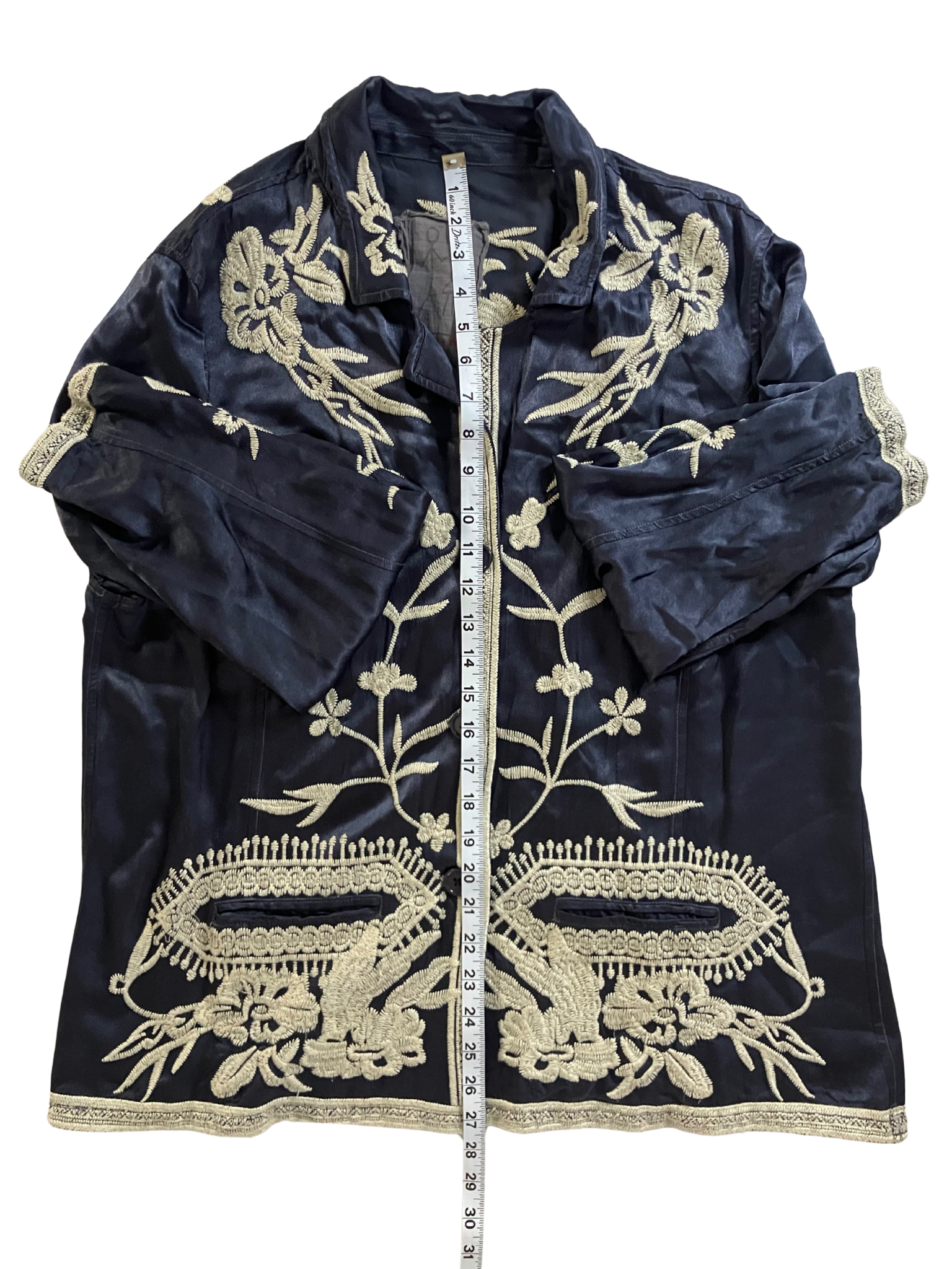 Johnny Was Navy Embroidered Kimono Jacket Size L Boho Chic Art to Wear